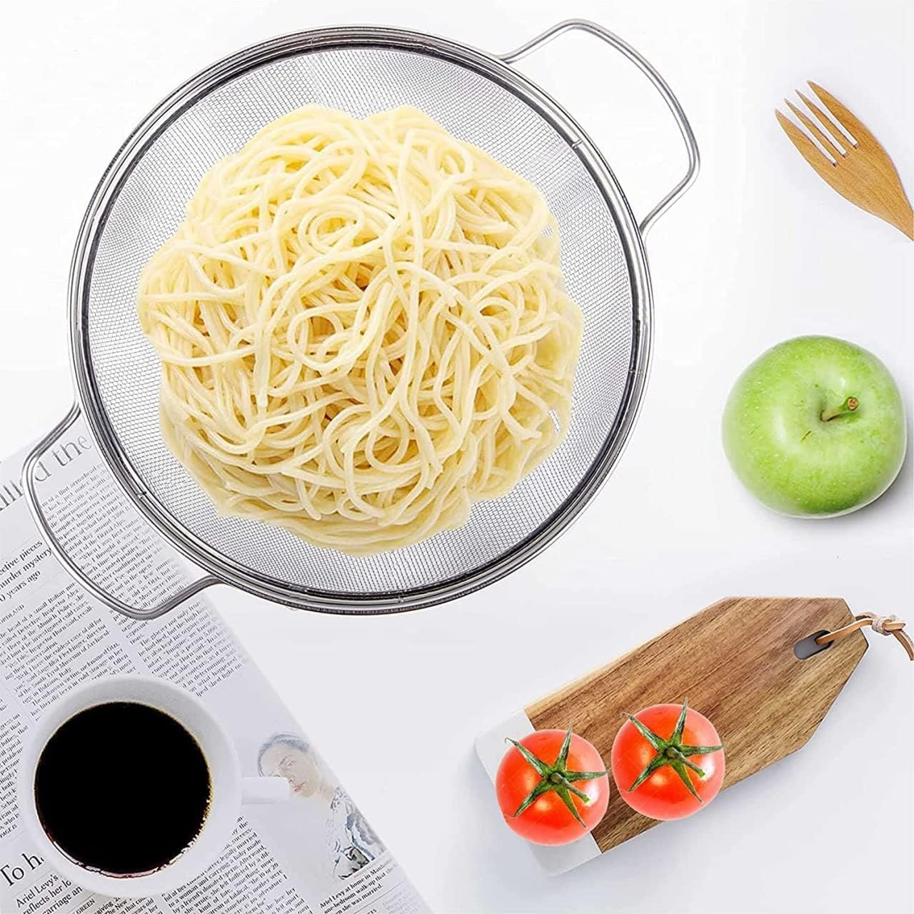 Premium Stainless Steel Black Olive Wire Mesh Colander Basket - Heavy Duty Strainer with Strong Handles for Fruits, Vegetables, Rice - Ideal for Kitchen, Restaurant, Camping & Food Prep (16 Inch)