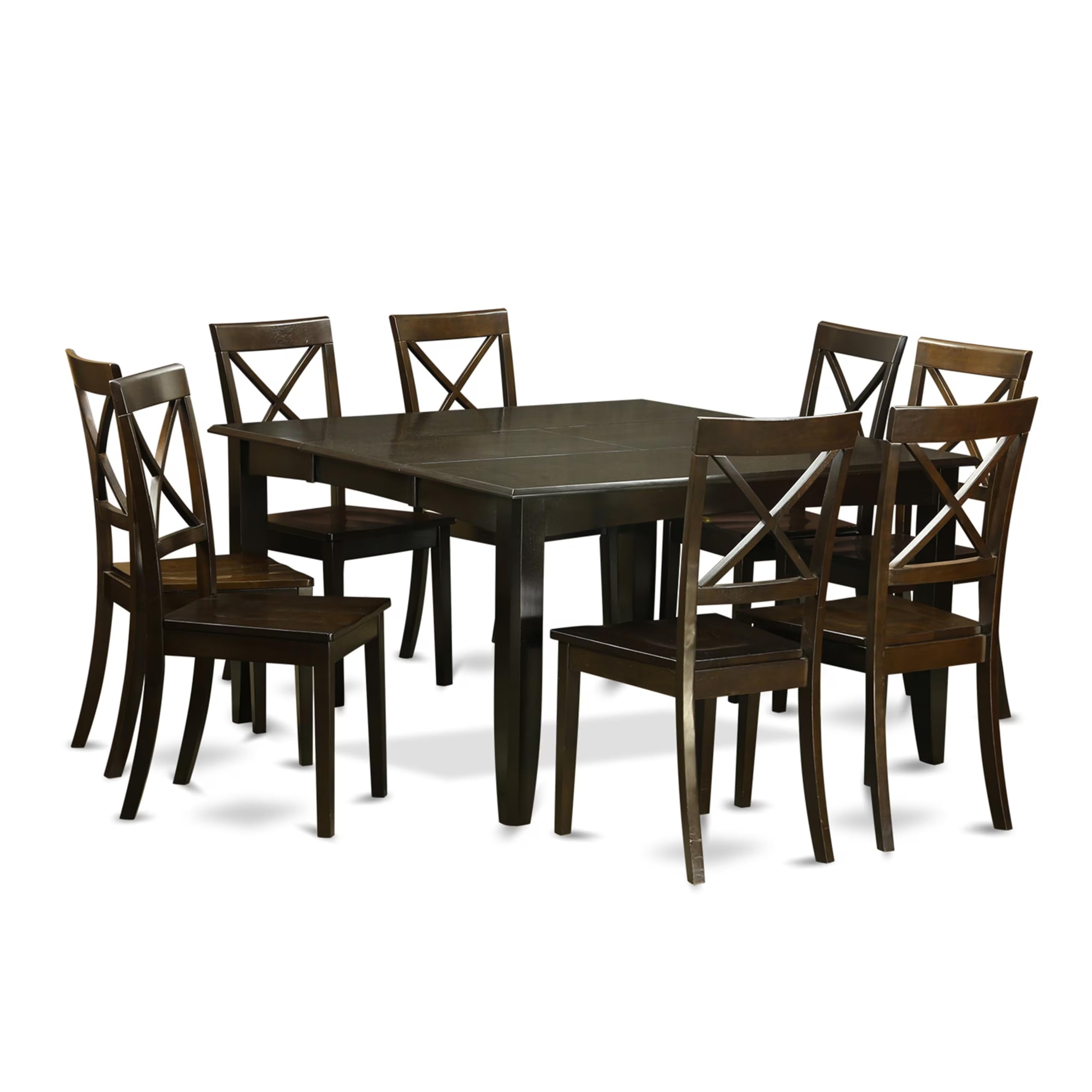 **East West Furniture PFBO9-CAP-W 9-Piece Modern Dining Room Set – Square Wooden Table with Butterfly Leaf & 8 Upholstered Chairs, Cappuccino Finish, 54x54 Inches – Perfect for Small Kitchens, Breakfast Nooks & Open-Concept Dining Areas**