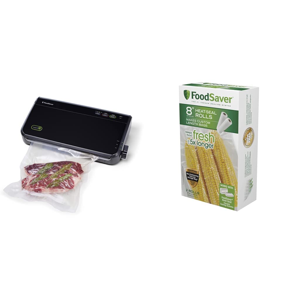 FoodSaver FM2100-000 Vacuum Sealer Machine System with Starter Bags & Rolls - Safety Certified Black Food Saver for Meat, Fish & Meal Prep - Includes 8