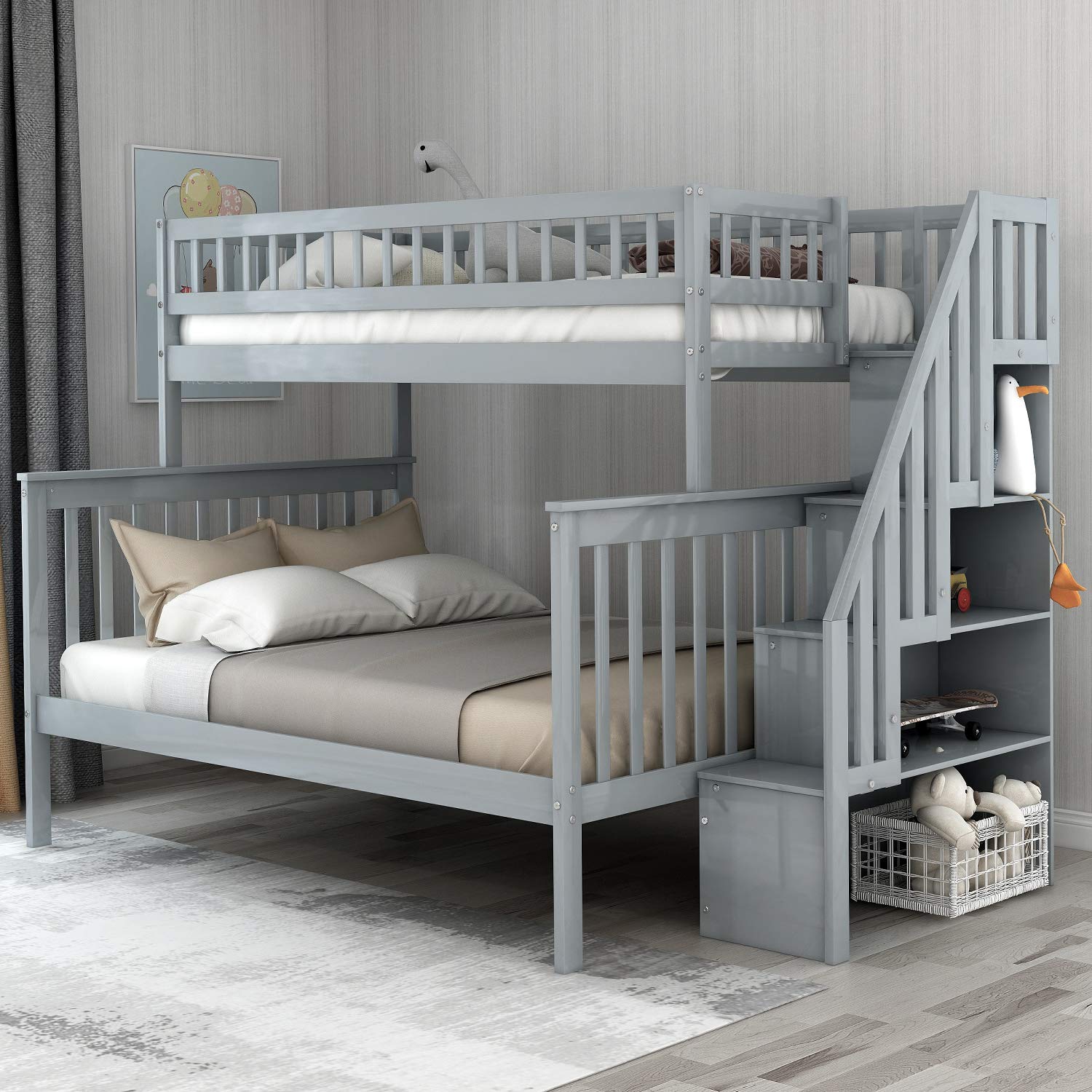 Twin Over Full Bunk Bed Frame with Stairs & Storage - Mission Style Solid Wood Bunk Bed for Kids & Teens, Space-Saving Grey Bedroom Furniture for Small Rooms, Guest Rooms & Vacation Homes