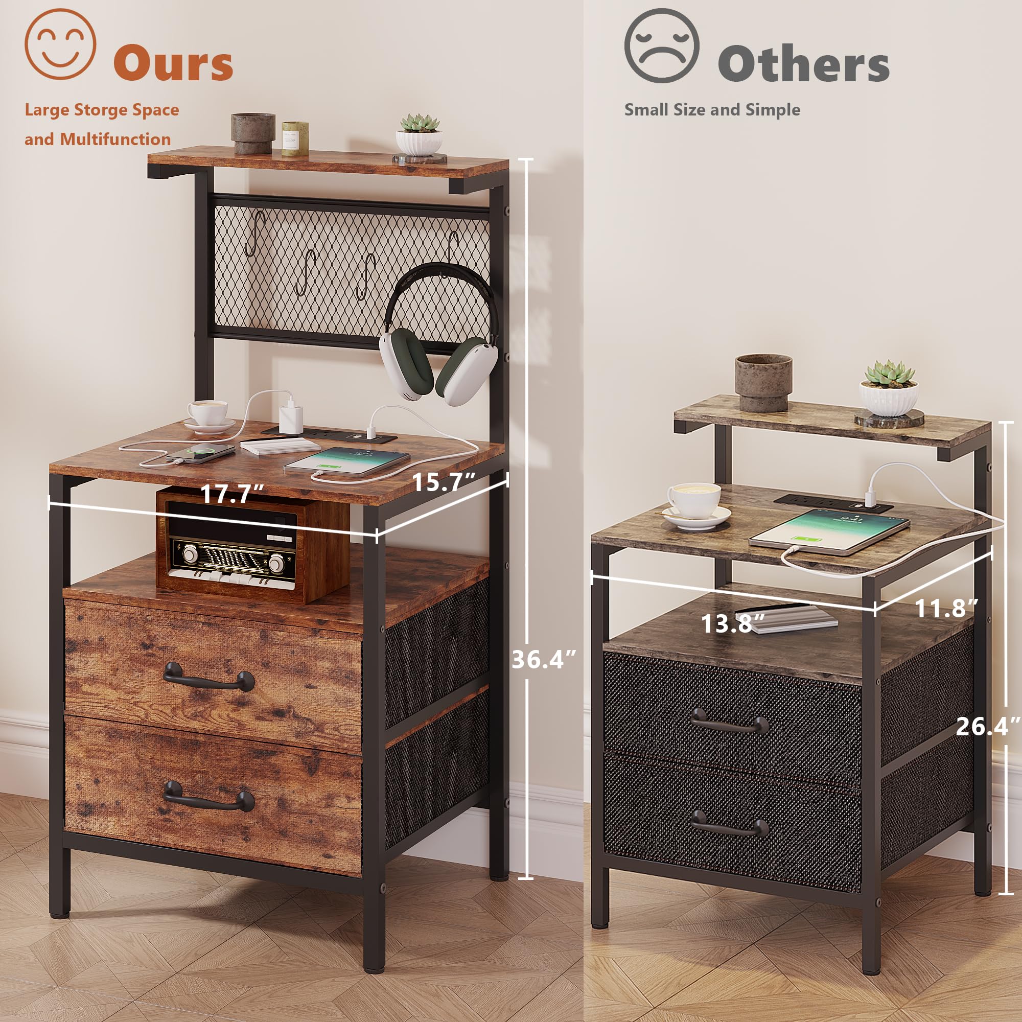 Rustic Brown Nightstand Set of 2 with Charging & LED Lights - Bedside Table with Storage for Bedroom