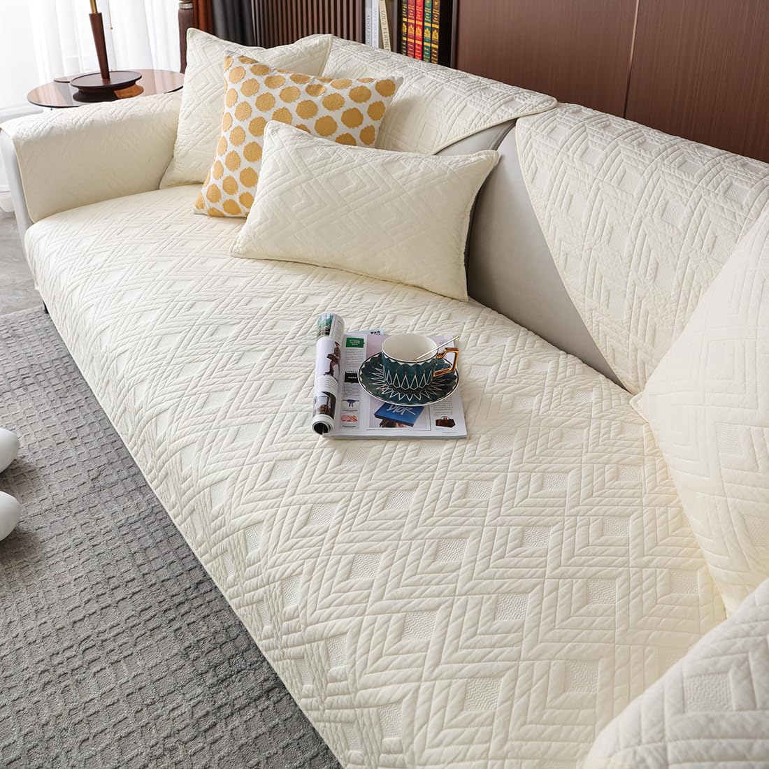 VCTOPS Geometric Quilted Sofa Cover - Cotton Sectional Couch Protector with Anti-Slip Backing for L-Shaped Couches, Kids & Pets - 1 Piece Beige Furniture Protector (43
