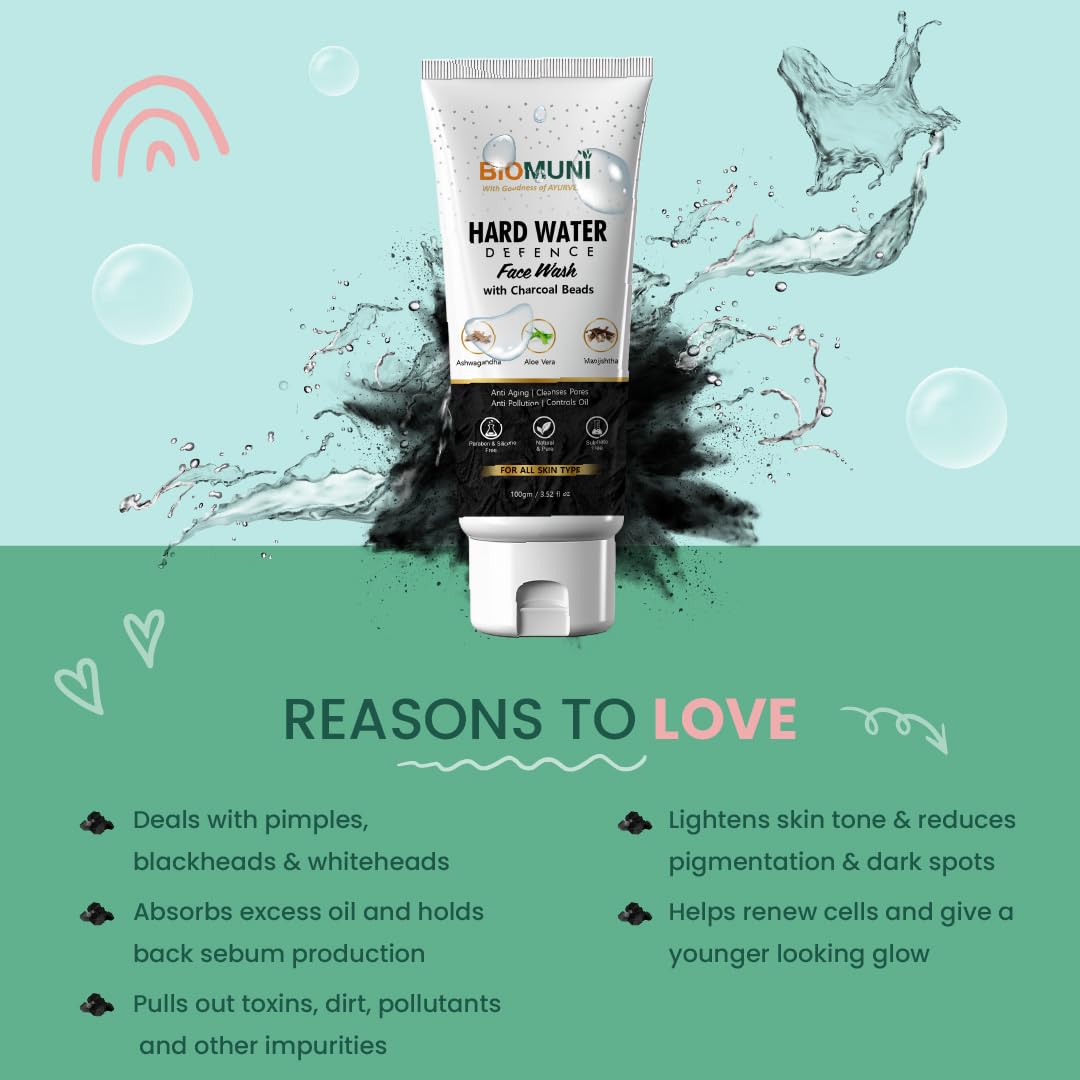 BIOMUNI Natural Ayurvedic Hard Water Defense Face Wash 100ml - Anti Acne, Skin Brightening, Sulfate & Paraben Free | Moisturizing, Oil Control, Anti-Pollution with Ashwagandha, Activated Charcoal & Aloe Vera | For Men, Women & Kids - All Skin Types | Perfect for Daily Cleansing & Pollution Protection