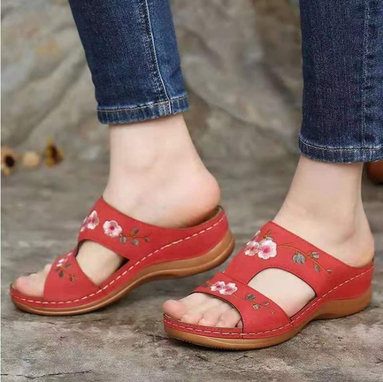 KTMAID Vintage Floral Embroidered Wedge Sandals for Women - Comfortable Orthopedic Beach Sandals with Arch Support | Summer Fashion, Casual Wear & Retro Style (Red, Size 8.5) | Perfect for Beach Outings, Vacations & Everyday Comfort