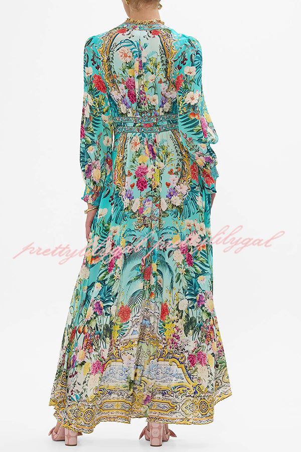 Fairy Tale Print V-Neck Lantern Sleeve Waist Maxi Dress for Women | Floral Bohemian Summer Beach Dress | Perfect for Vacations, Weddings & Date Nights