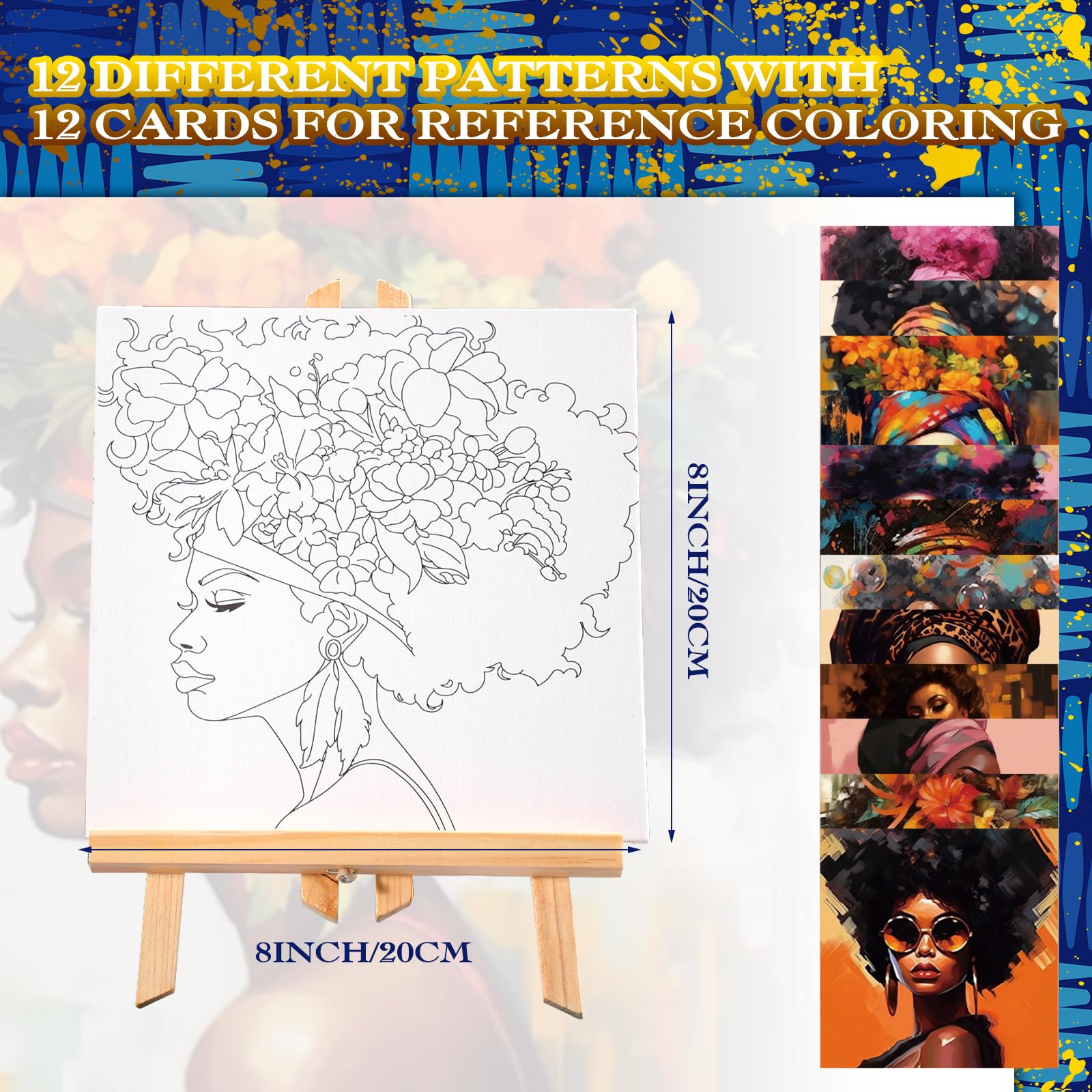 Affrolling 12-Piece Pre-Drawn 8x8 Inch Canvas Painting Kit for Adults - Ready-to-Paint Stretched Canvas with Drawing for Beginner Artists, DIY Art Projects & Date Night Party Supplies (Black Girl Portrait) - Perfect for Home Decor, Gift Ideas & Creative Relaxation