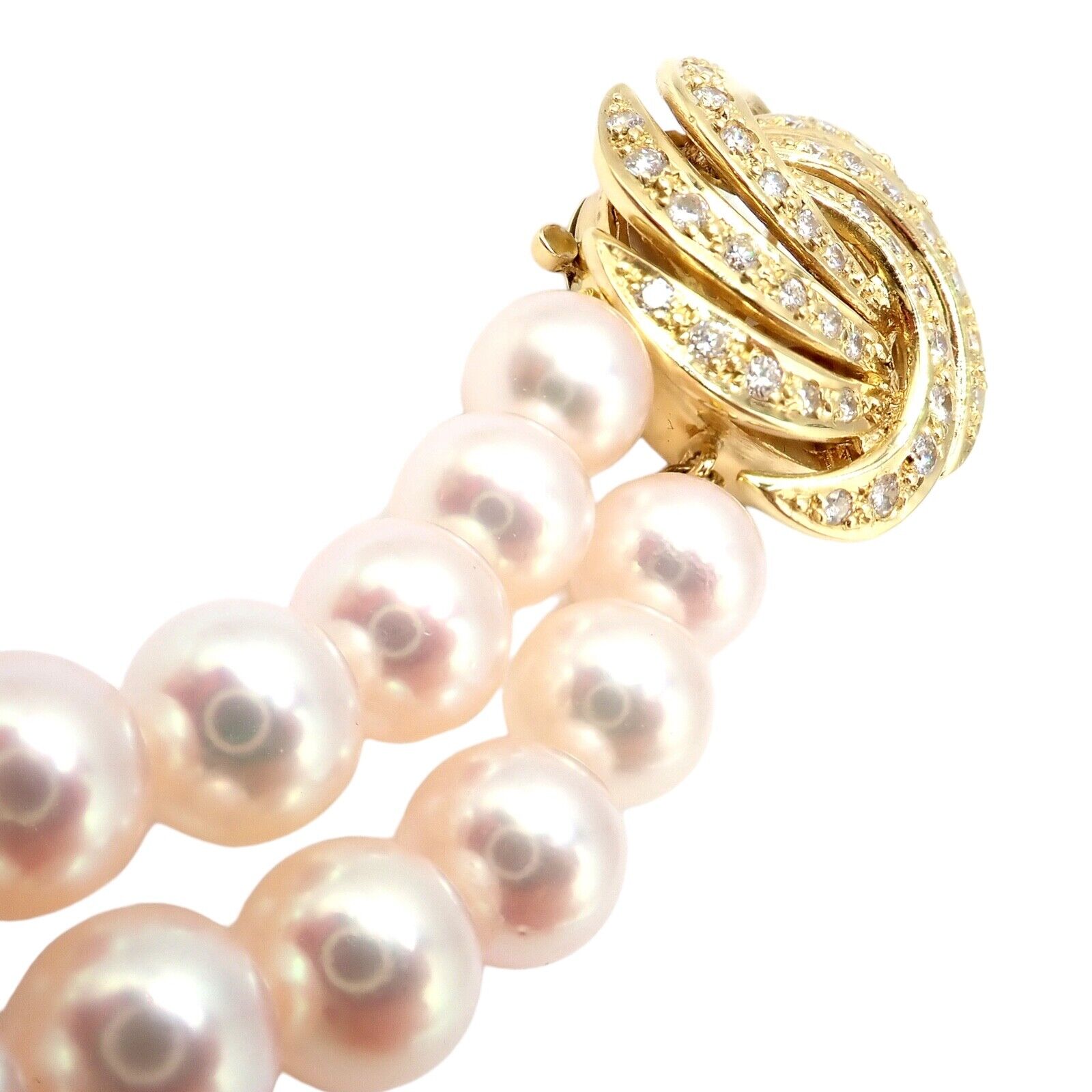 Authentic Mikimoto 18k Yellow Gold Diamond Double Strand 8mm Pearl Necklace - Elegant Jewelry for Weddings, Anniversaries & Special Occasions