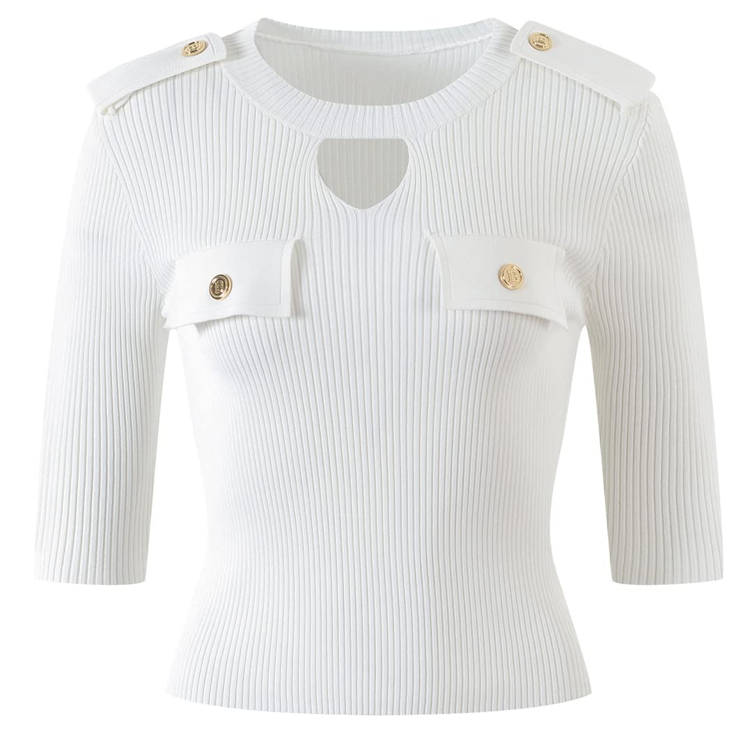 Women's Casual O-Neck Gold Button Knit Pullover Sweater - Summer White Cotton Top for Work, Dating & Vacation Outfits