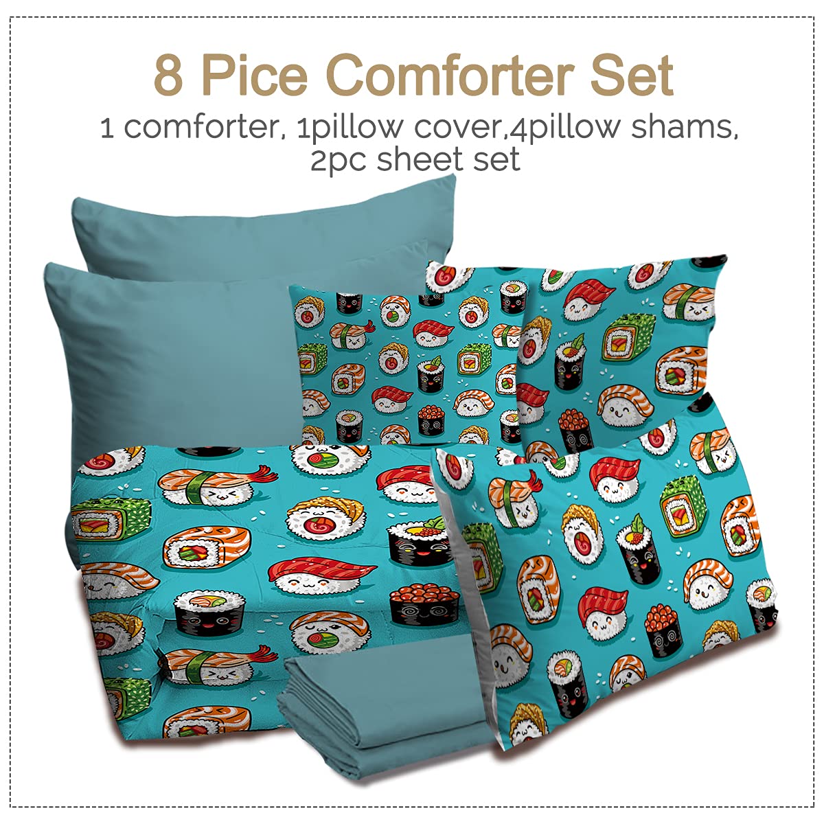 BlessLiving Sushi Queen 8-Piece Comforter Set - Kawaii Sushi Smiling Pattern Bedding Set with Comforter & Sheets, All-Season Down Alternative Duvet Cover for Girls & Women | Perfect for Teen Bedrooms, Dorm Rooms & Anime Lover Gifts