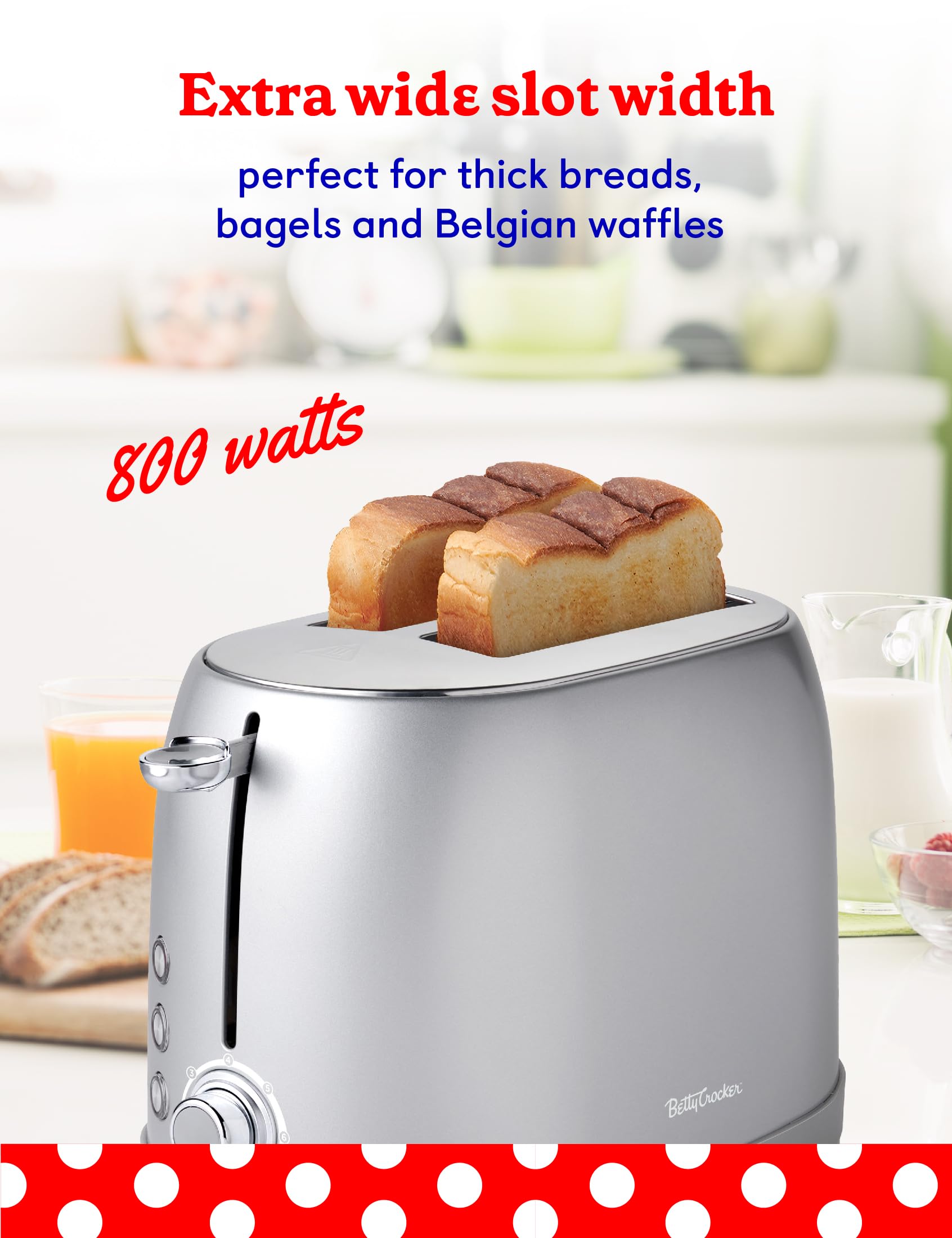 Betty Crocker 2-Slice Multi-Function Toaster with Extra Wide Slots - Perfect for Thick Bread, Bagels & Waffles - Adjustable Toast Shade Control & Slide-Out Crumb Tray - Silver - Ideal for Breakfast, Brunch & Quick Snacks at Home or Office