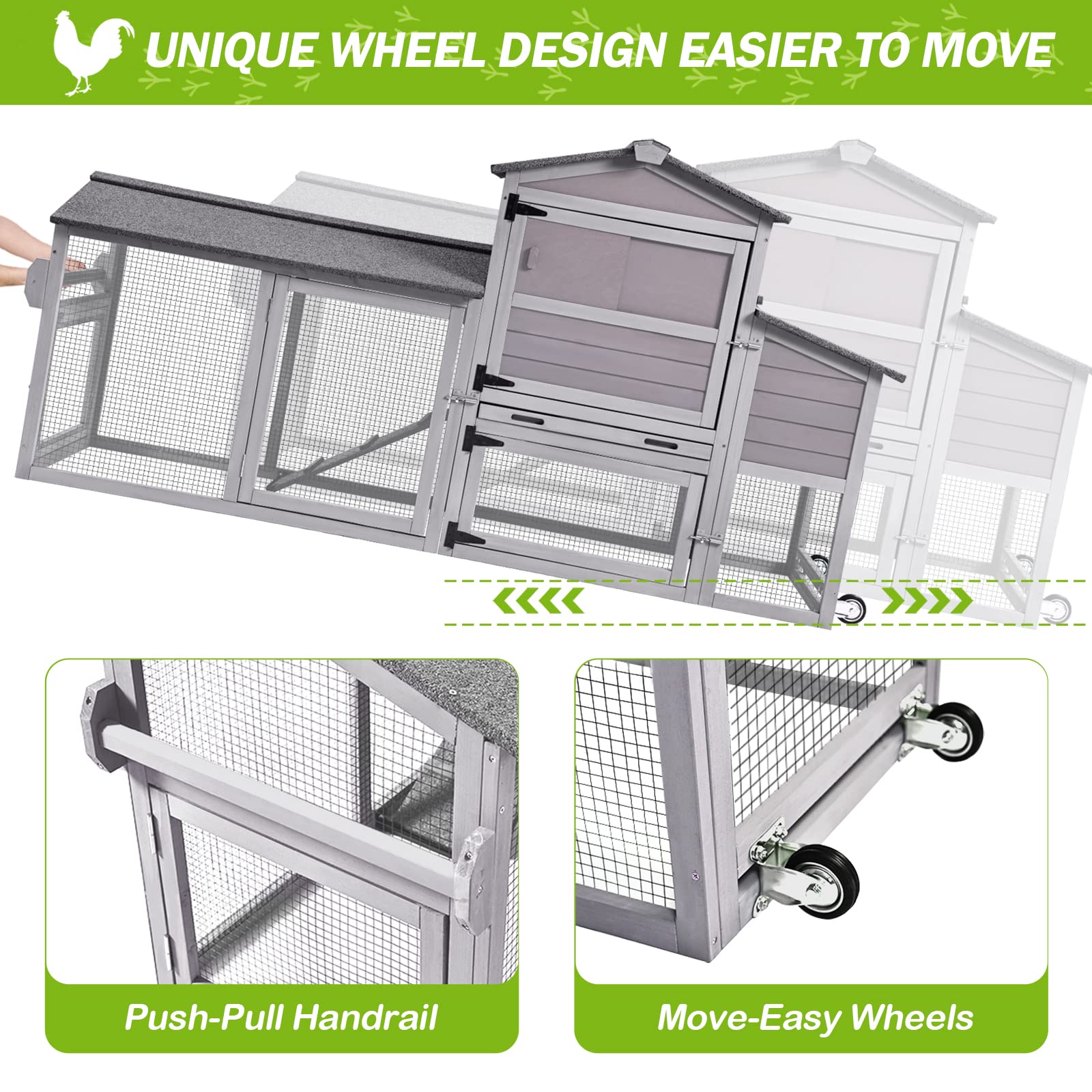 GUTINNEEN 80in Mobile Chicken Coop with Run - Portable Wooden Poultry Cage, Rabbit Hutch with Nesting Box & Wheels - Ideal for Backyard Farming, Poultry Raising & Small Animal Shelter