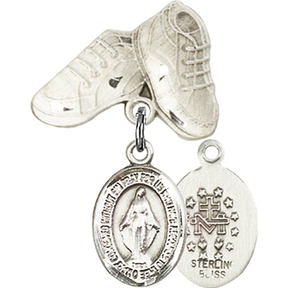 1 X 3/4 Inch Sterling Silver Baby Badge with Miraculous Charm & Boots Pin - Perfect for Christening Gifts, Baby Showers & Newborn Keepsakes