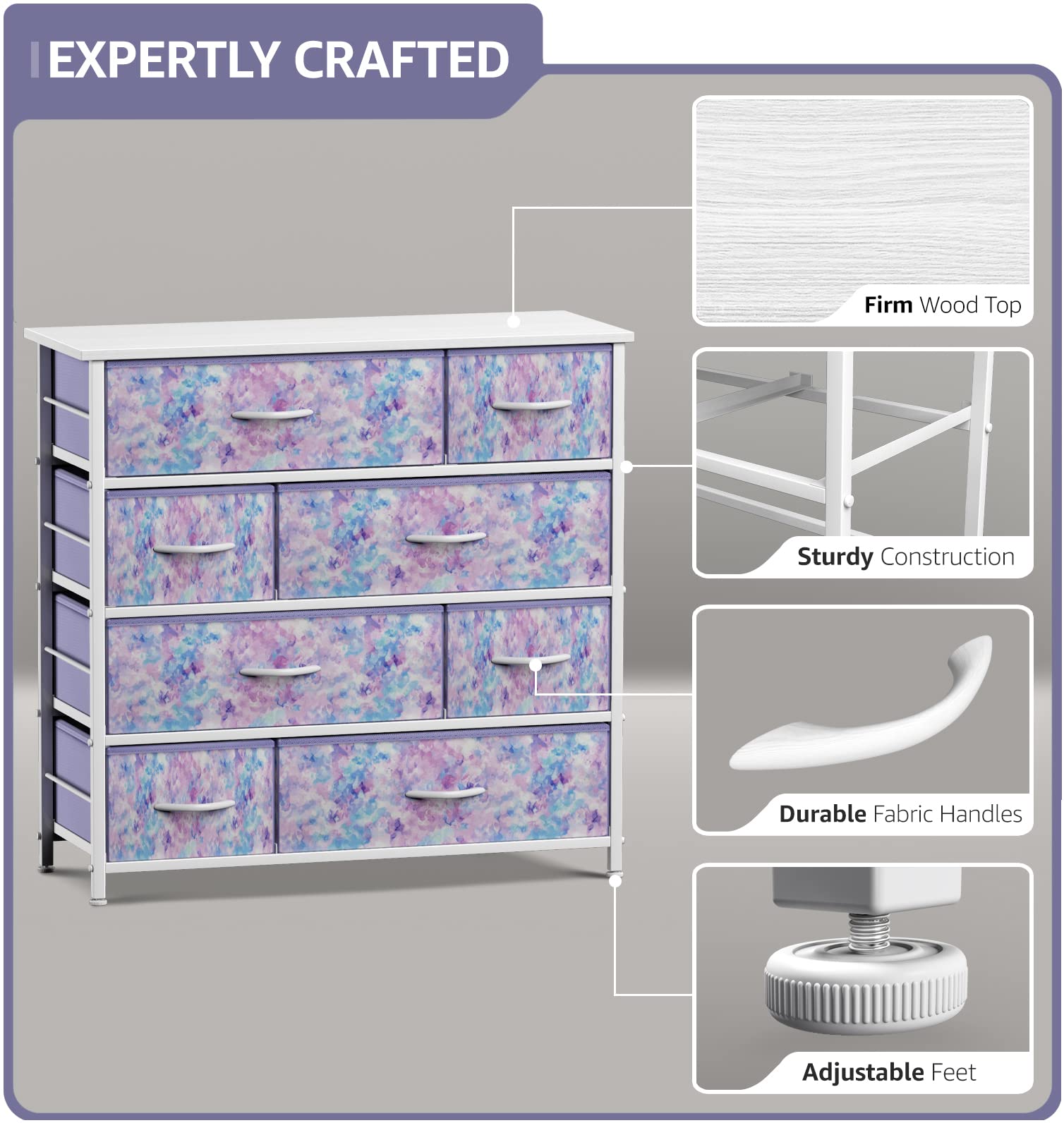 Sorbus 8-Drawer Dresser Storage Organizer for Kids, Teens, Bedroom & Nursery - Wood Top with Steel Frame & Fabric Bins (Tie-Dye Purple) - Perfect for Clothes, Toys & Playroom Organization