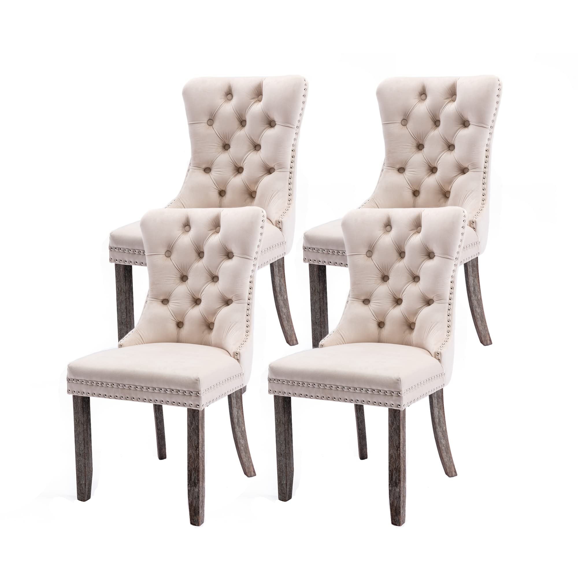 Virabit 4-Piece Velvet Upholstered Dining Chairs Set - Tufted Back with Nailhead & Ring Pull Trim, Solid Wood Frame - Elegant Beige Seating for Kitchen, Dining Room, Bedroom or Home Office - Perfect for Family Gatherings, Dinner Parties & Cozy Meals