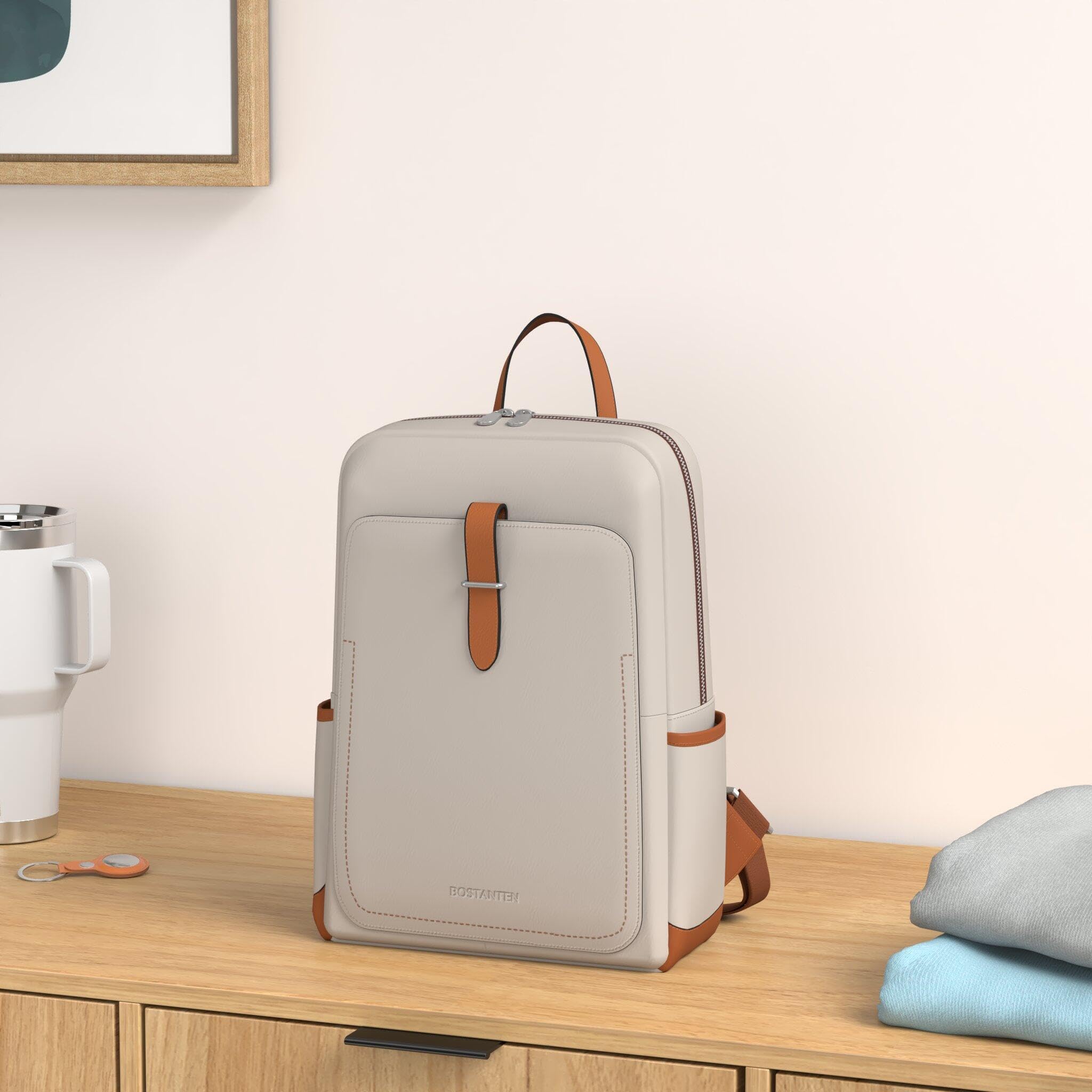 BOSTANTEN Women's Leather Laptop Backpack 15.6 Inch - Stylish College Work Travel Bag for Women, Beige-White - Perfect for Office, School & Business Trips