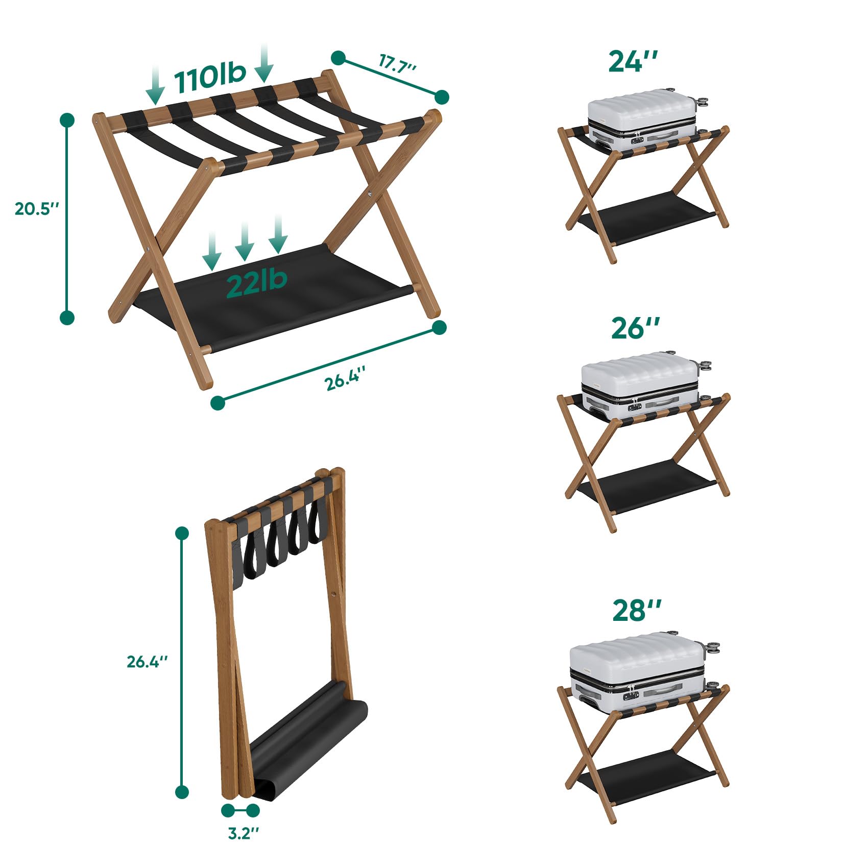 Smuxee Foldable Walnut Bamboo Luggage Rack with Storage Shelf - 5 Nylon Straps for Bedroom, Guest Room & Hotel Use - Easy Assembly Suitcase Stand | Perfect for Travel Storage & Space-Saving Organization