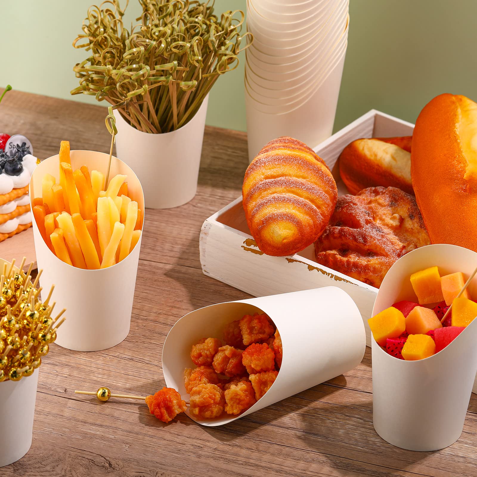 250 Pcs Disposable Charcuterie Cups with 200 Bamboo Skewers & 50 Cocktail Picks - 12 oz White Paper Cones for French Fries, Waffles, Popcorn - Perfect for Weddings, Parties, Takeout & Food Displays