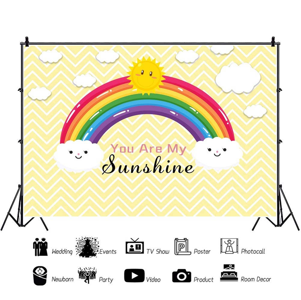 You Are My Sunshine Backdrop 5x3ft - Rainbow Cloud Cartoon Theme for Baby Shower, 1st Birthday Party, Newborn Photography & Cake Table Decor - Perfect for Studio Props and Children's Celebration Backgrounds