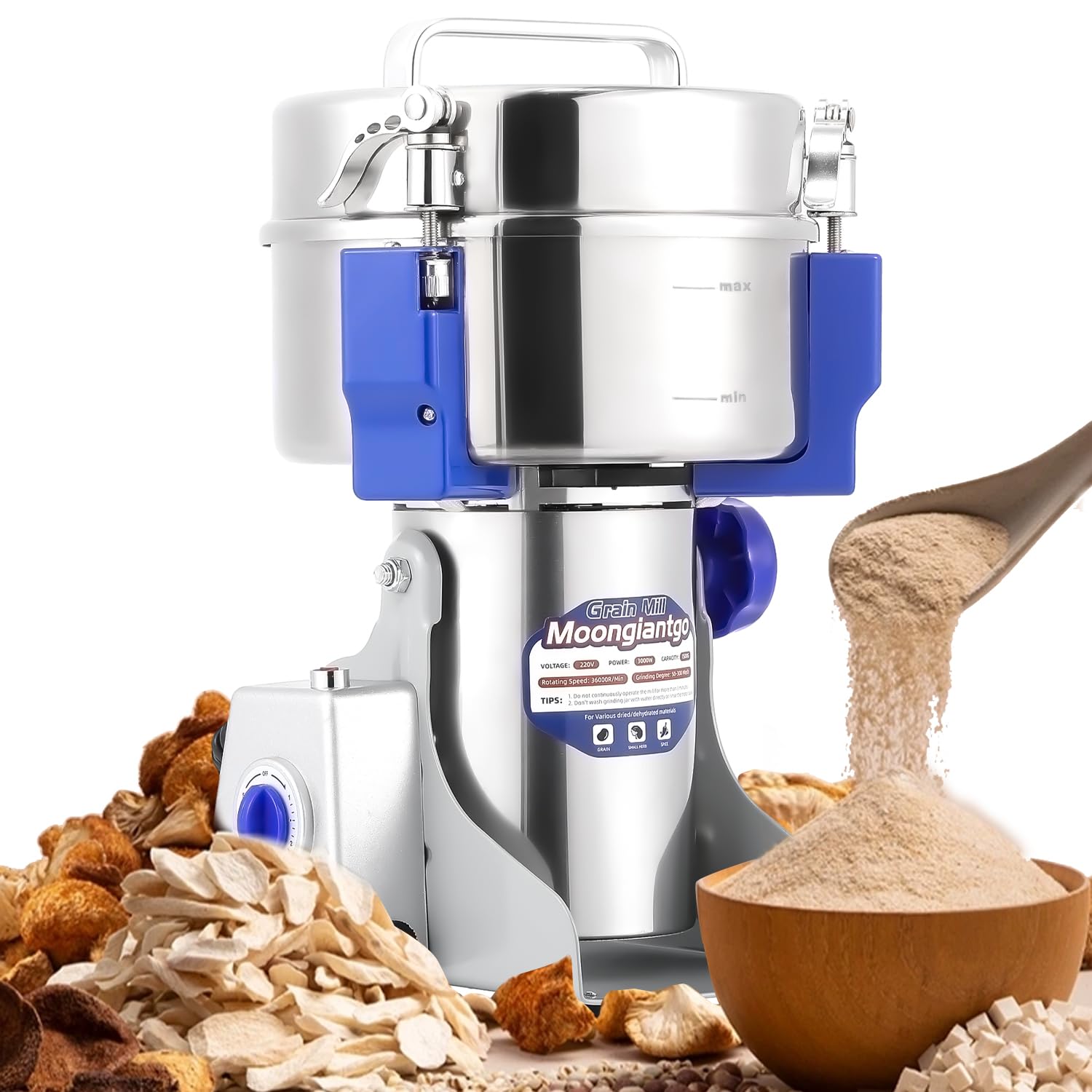 Moongiantgo 1500g Commercial Grain Grinder Mill - 3000W High-Speed Electric Spice Grinder, Stainless Steel Pulverizer for Cereals, Grains, Spices, Herbs - Perfect for Home Kitchens, Bakeries & Coffee Shops