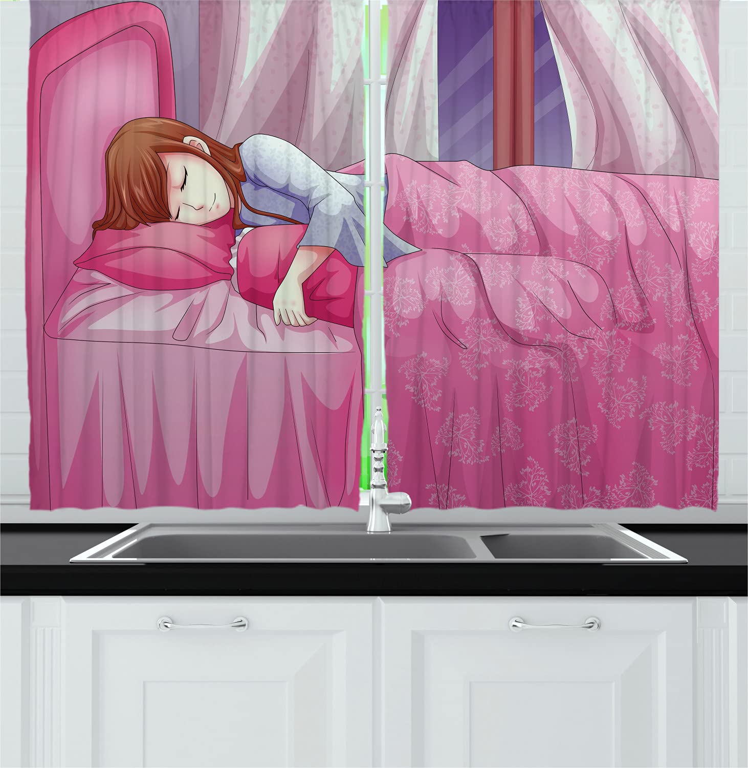 Ambesonne Anime Long Kitchen Curtains - Japanese Manga Style Sleeping Girl Cartoon Illustration, Pink Room Decor with Rod Pocket, 55