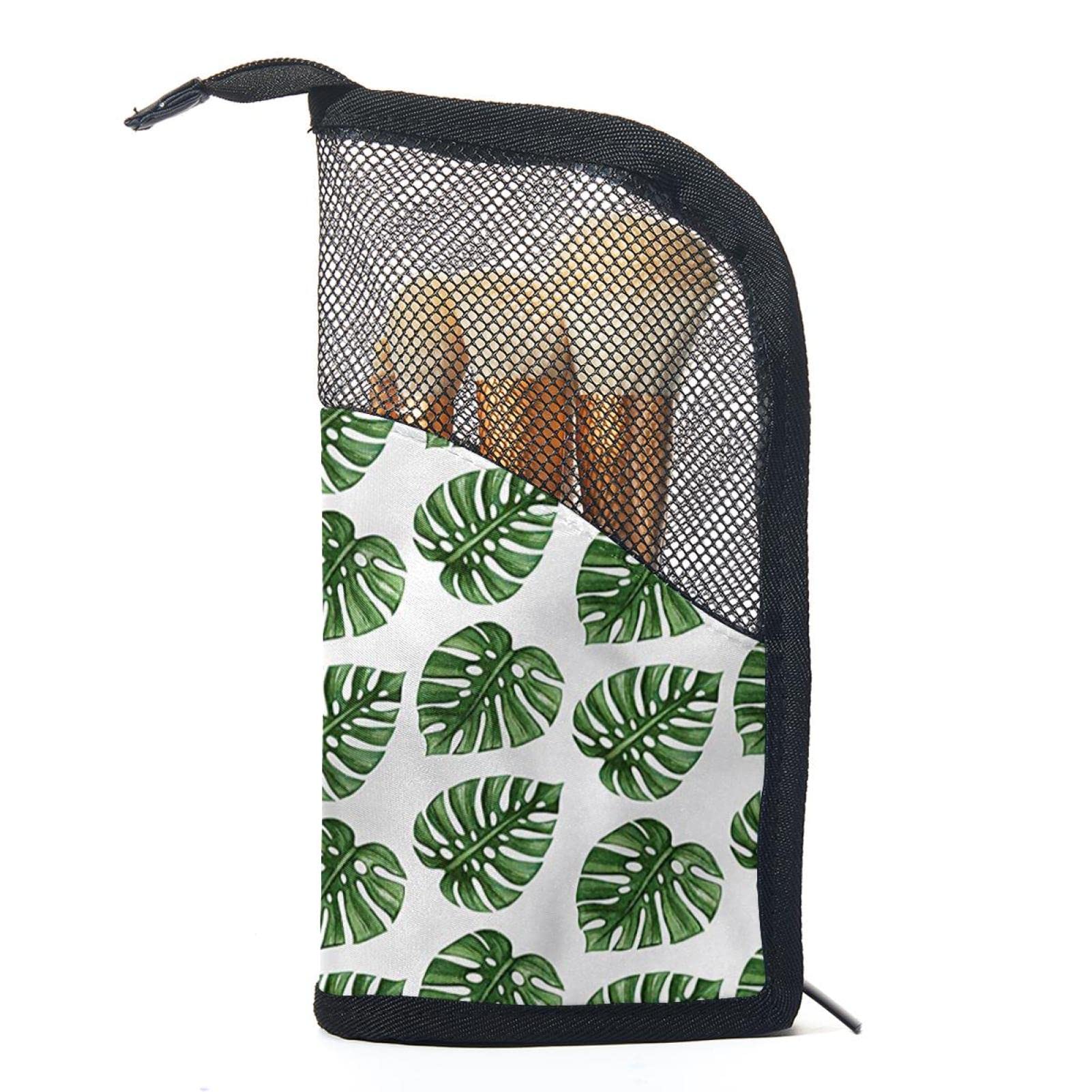 12-Piece Makeup Brush Organizer Bag with Green Tropical Leaves Design - Portable Travel Cosmetic Brush Holder Case for Summer Vacation, Beach Trips & On-The-Go Touch Ups