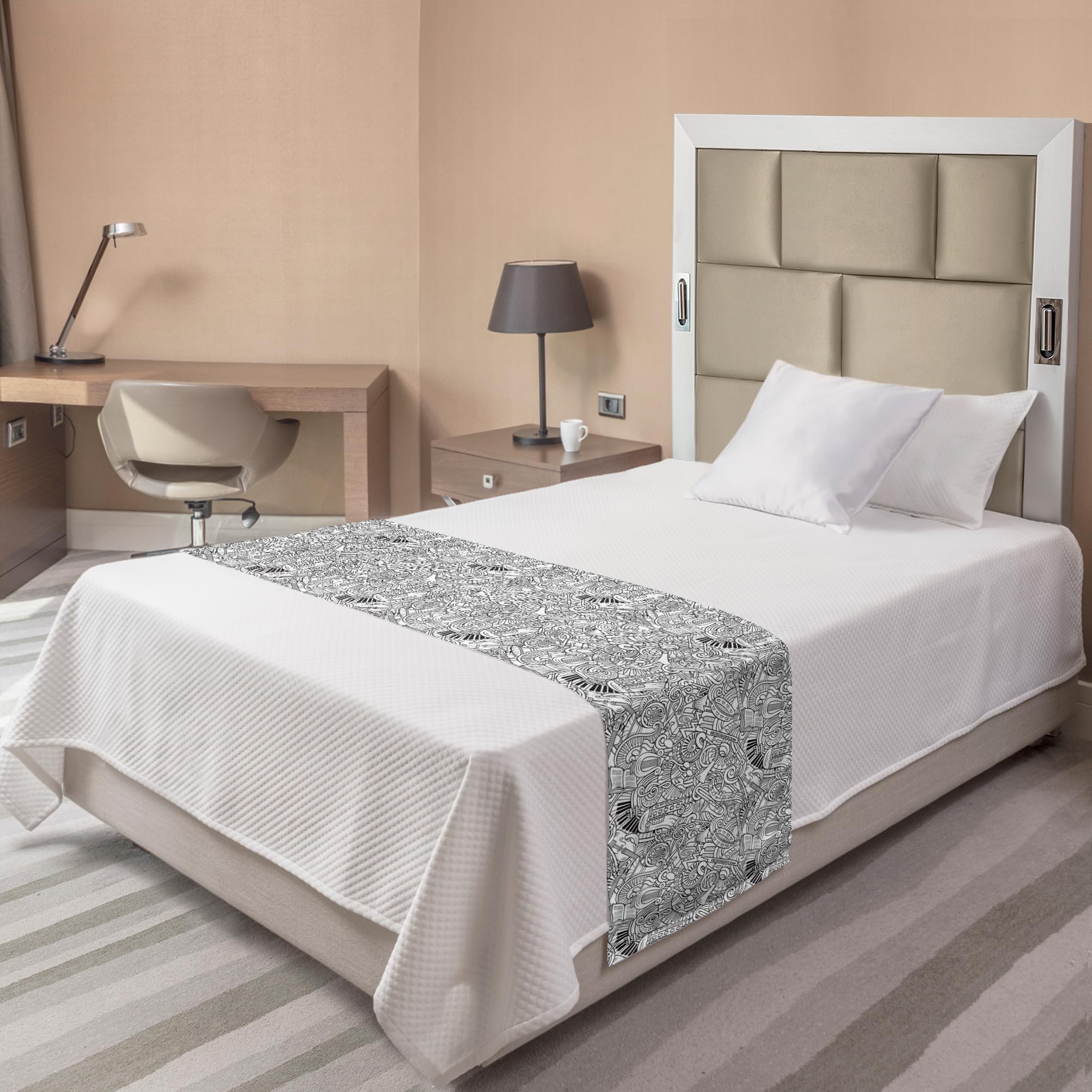 Ambesonne Music Themed Bed Runner - Monochrome Doodle Design with Musical Elements | Decorative Bed Scarf for Hotels, Homes & Guest Rooms | Charcoal Grey & White | Perfect for Jazz Themed Bedrooms & Music Lover's Home Decor