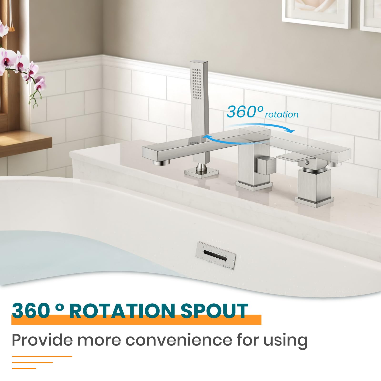 Gotonovo 3 Hole Deck Mount Roman Tub Faucet with Handheld Shower - Widespread Single Handle Bathtub Filler Set, Honeycomb Water Flow in Brushed Nickel - Perfect for Luxury Bathrooms & Spa Retreats