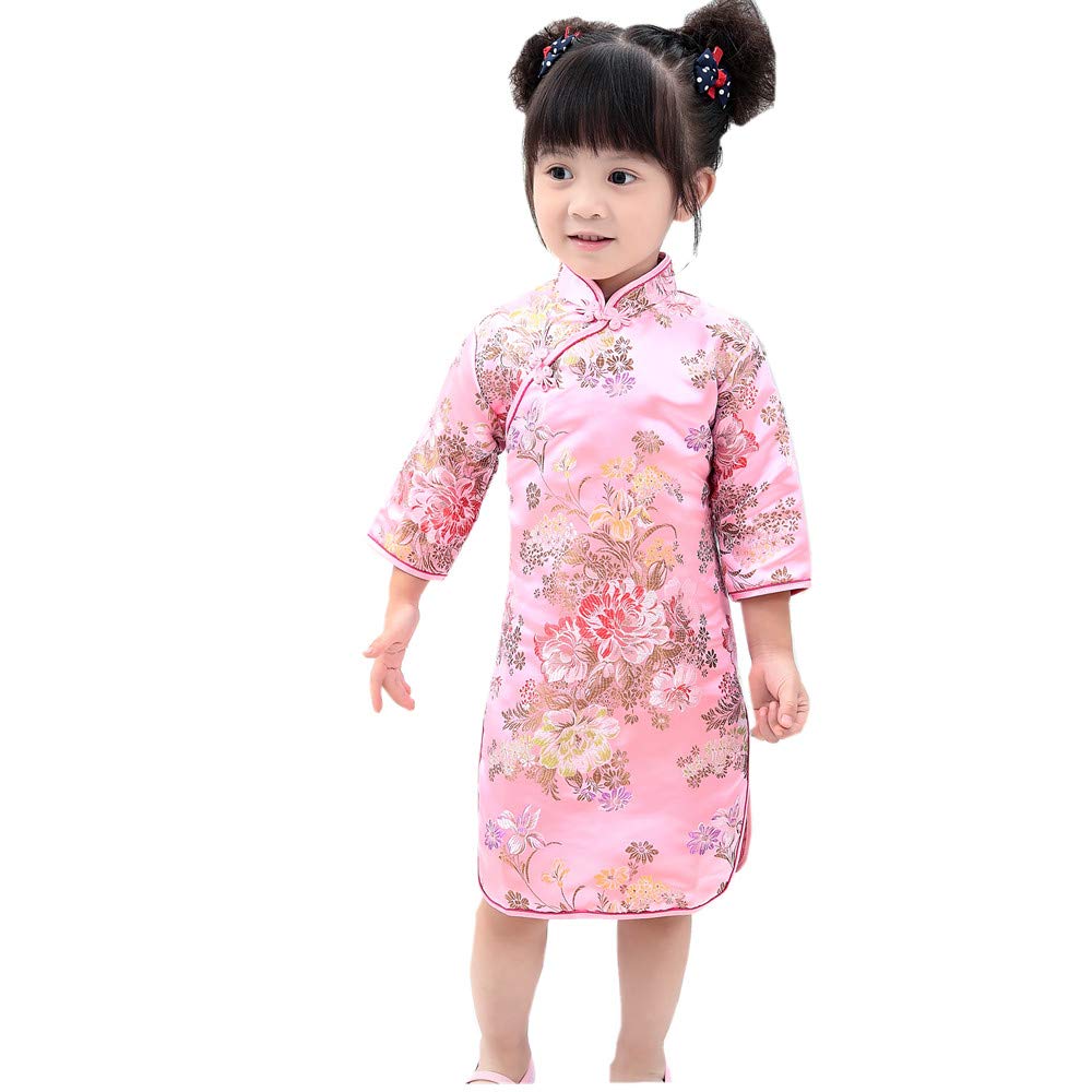 Elegant Chinese Qipao Dress for Girls - Peony Rose Print Half Sleeve Cheongsam for Wedding, Birthday Party & Special Occasions | Princess Costume & Traditional Chinese Dress for Kids