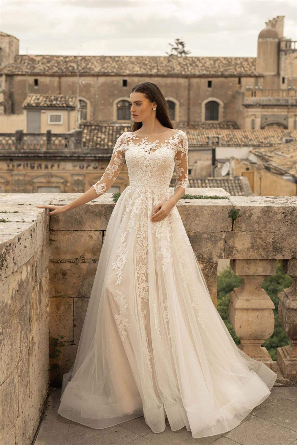 Elegant Ivory Lace Beach Wedding Dresses for Women - Long Sleeve A-Line Church Bridal Gown - Perfect for Beach Ceremonies, Garden Weddings & Romantic Vows
