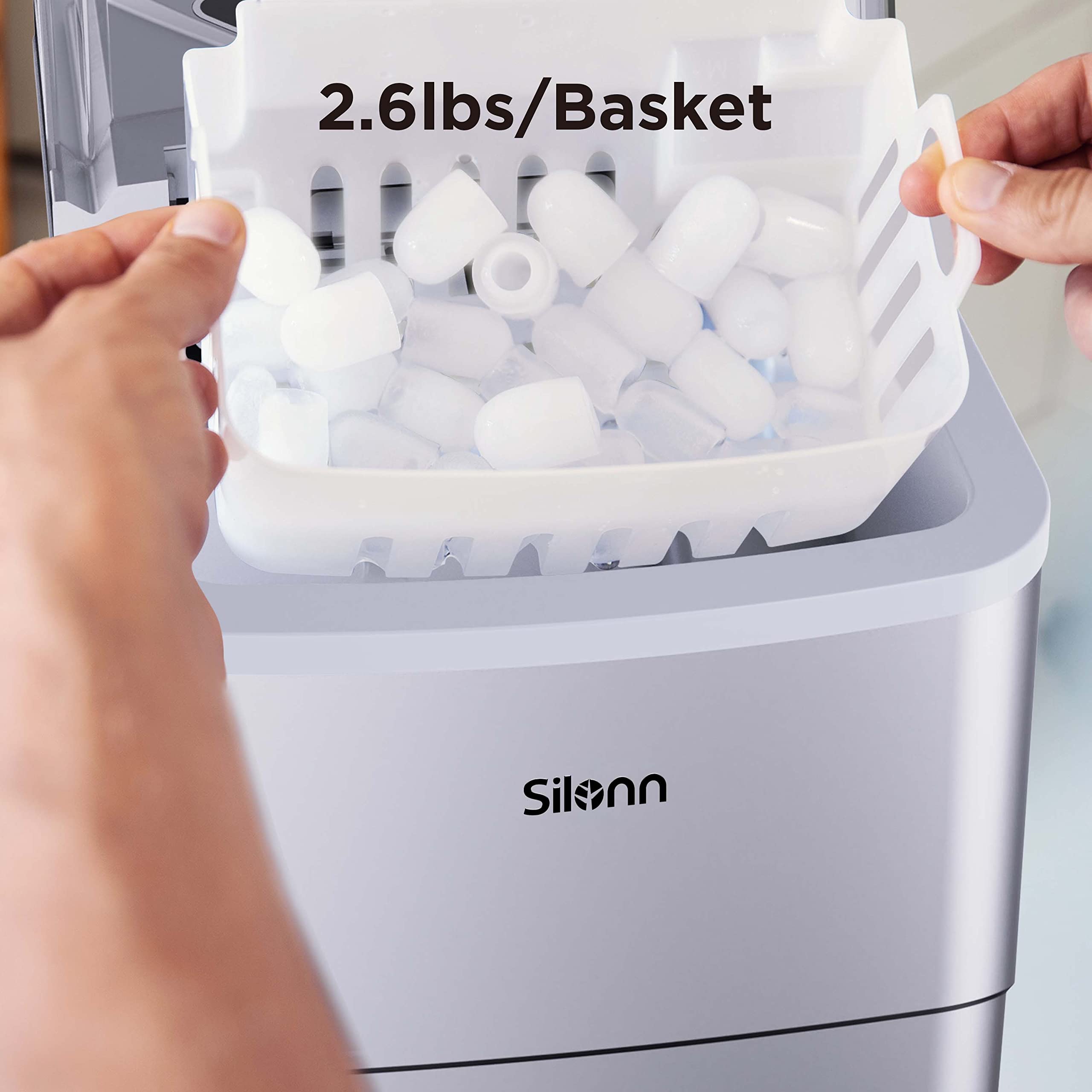 Silonn Countertop Ice Maker Machine - 9 Cubes in 6 Minutes, 26lbs Daily - Self-Cleaning with Ice Scoop & Basket - 2 Bullet Ice Sizes for Home, Kitchen, Office, Bar & Party Use - Silver (Perfect for Cocktails, Beverages & Entertaining)