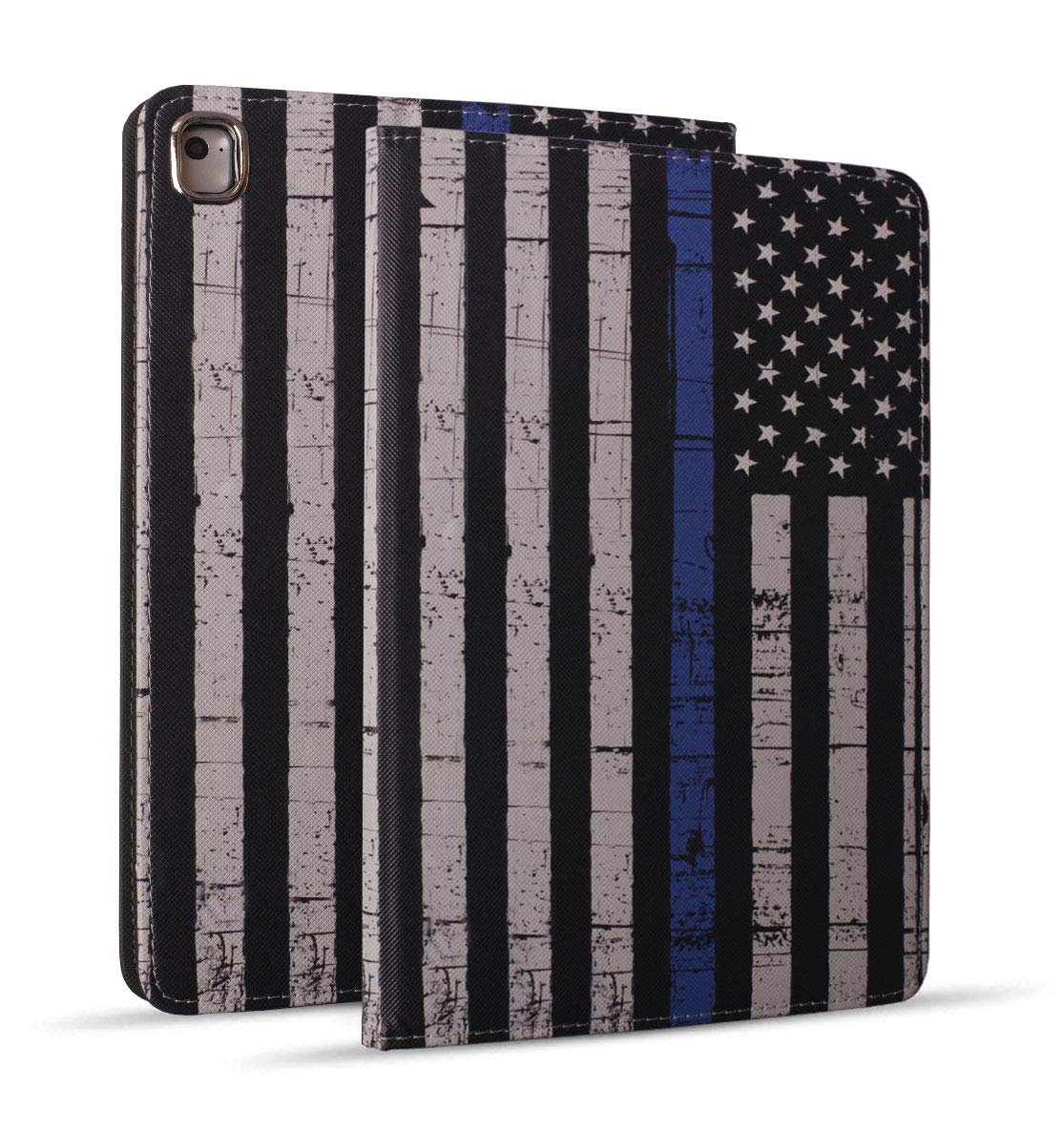 Premium Leather iPad Case Compatible with iPad 9.7 (2018/2017), iPad Air 2, iPad Air & Pro 9.7 - Slim Protective Cover with Auto Wake/Sleep & Adjustable Stand | Thin Blue Line American Flag Design | Perfect for Work, Travel & Home Use