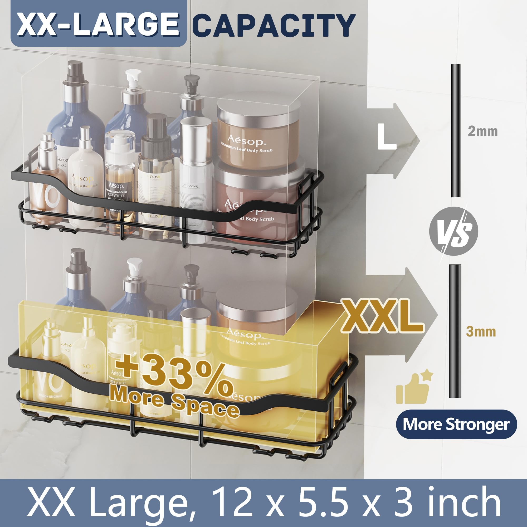OMAIRA Adhesive Shower Caddy 3-Pack with Soap Holder - No Drill Bathroom Organizer, Wall Mounted Shower Shelf for Bathroom, Kitchen & Countertop - Black - Perfect for Small Spaces, Apartment Living & Rental Homes