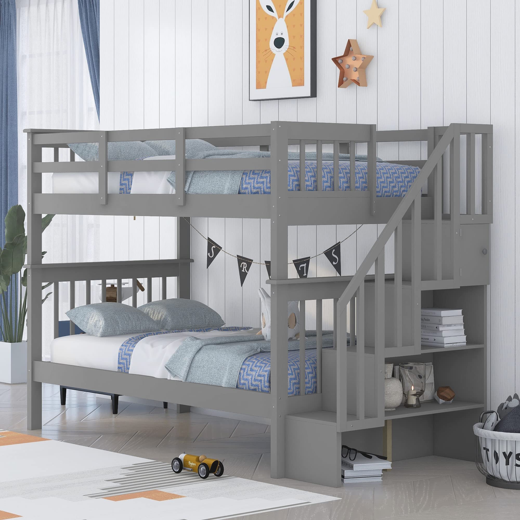 Harper & Bright Designs Twin Over Twin Wood Bunk Bed with Stairs, Storage & Guard Rail - Space Saving Kids Bedroom Furniture for Teens, Adults, Dorm Rooms & Small Spaces - Grey Modern Bunk Bed Frame
