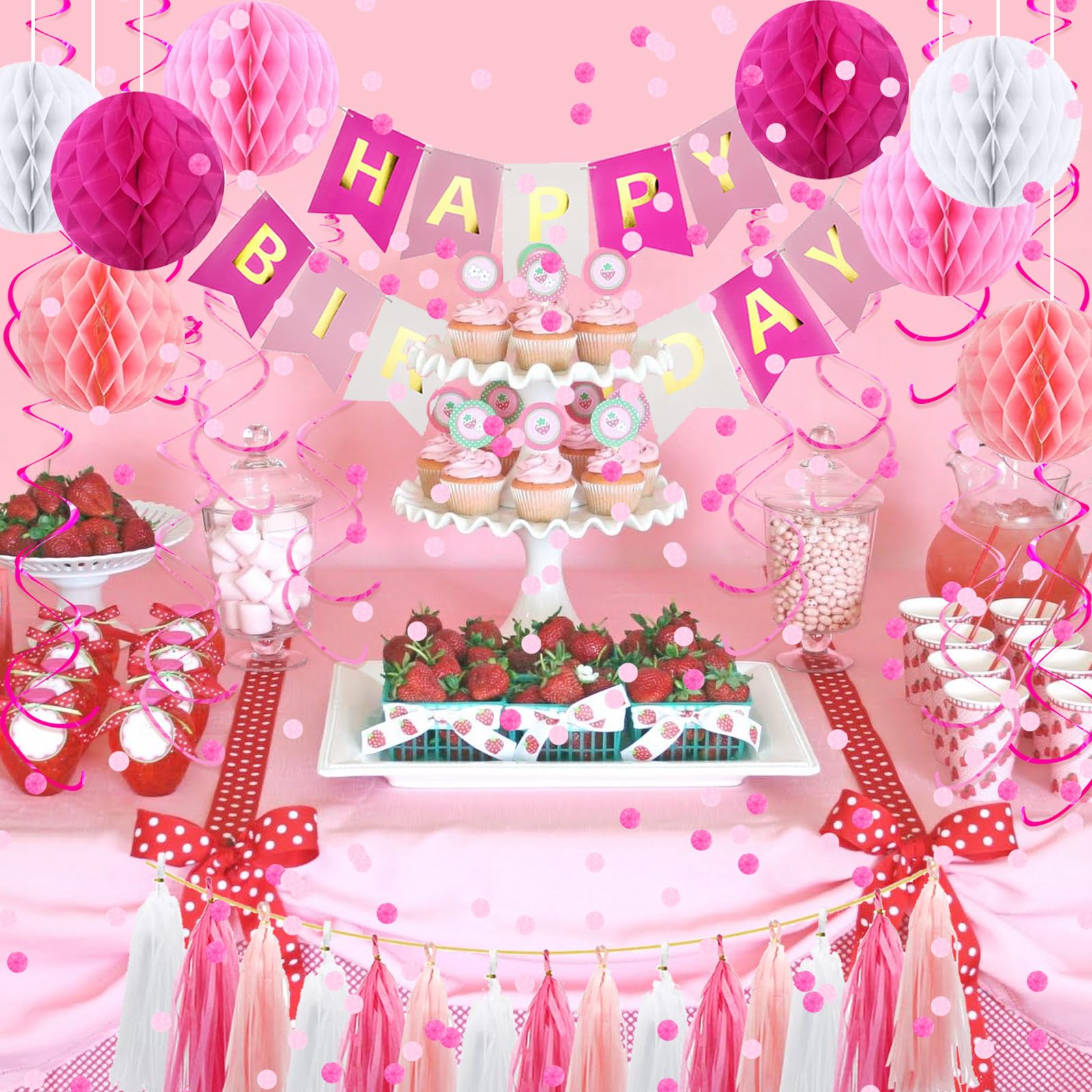 Pink Birthday Party Decorations Set - Happy Birthday Banner, Hanging Swirls, Confetti, Honeycomb Balls & Tissue Tassels for Girls' Birthday, Baby Shower & Anniversary Celebrations