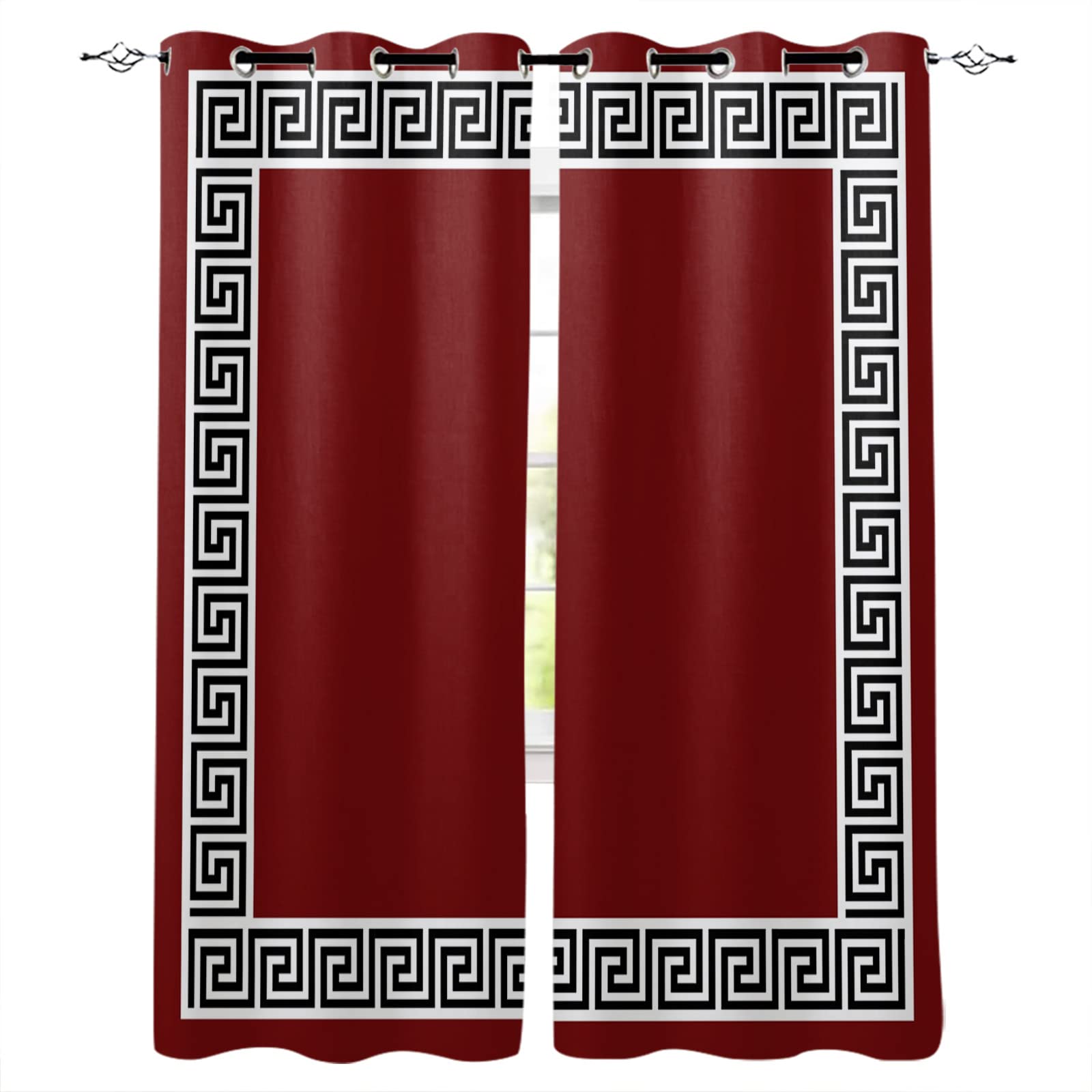 Blackout Curtains 52x90 Inches - Thermal Insulated Room Darkening Window Drapes with Grommets, Geometric Greek Key Design in Red (Set of 2 Panels) for Bedroom, Living Room & Home Theater Light Blocking