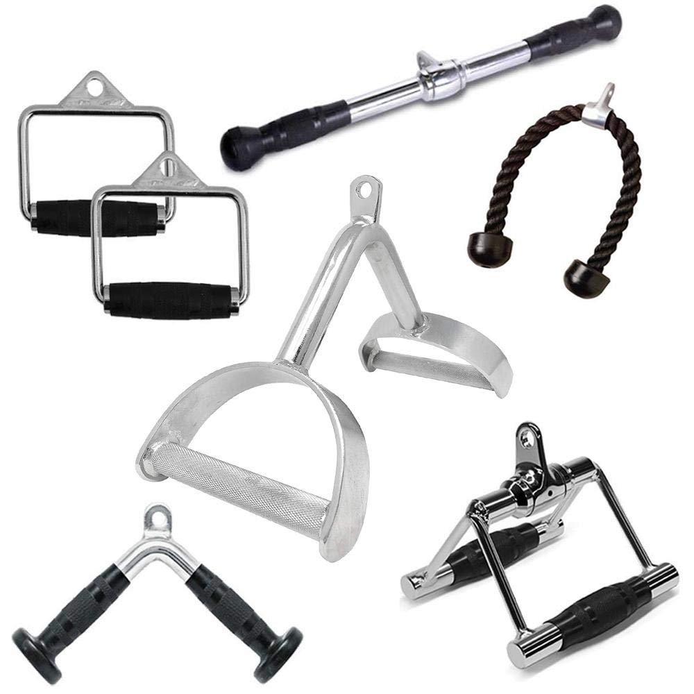 FITNESS MANIAC Double Stirrup D Handle Weightlifting Set - Rubber Grip Cable Attachments for Gym, Includes V-Bar, Rotating Straight Bar & Tricep Pressdown Handles - Perfect for Home Workouts, Strength Training & Cable Machine Exercises