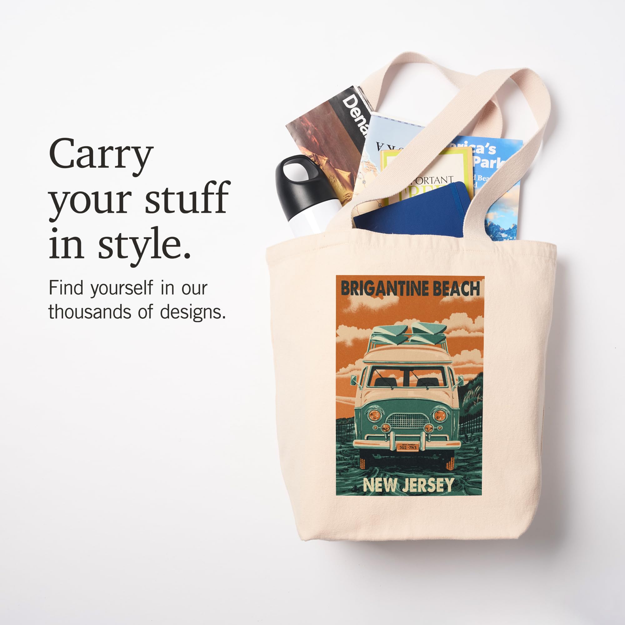 Brigantine Beach New Jersey Letterpress Camper Van Tote Bag - 100% Cotton Canvas Reusable Shopping Bag for Beach Trips, Groceries & Everyday Use