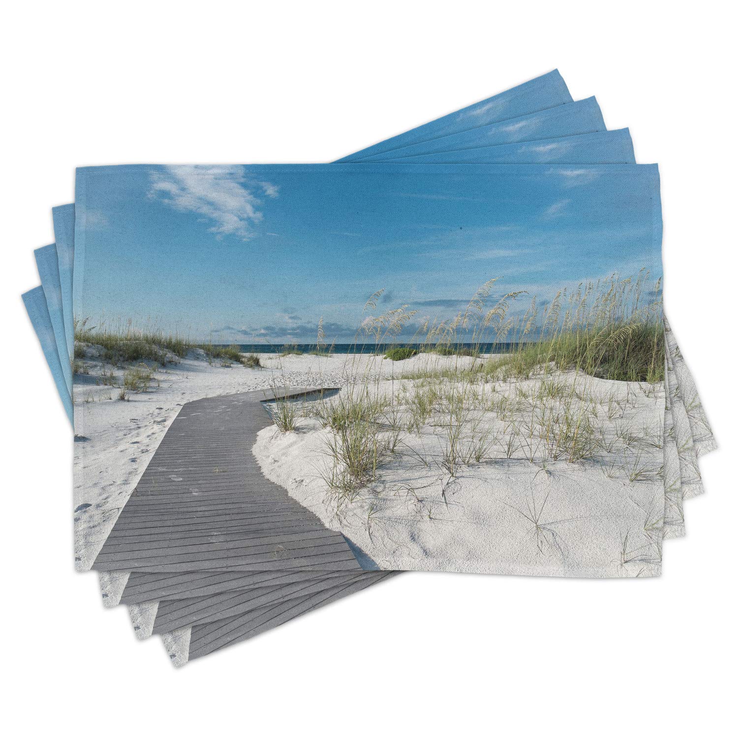 Lunarable Beach Placemats Set of 4 - Florida Santa Rosa Island Coastal Design, Washable Fabric Table Mats for Dining Room & Kitchen Decor in Cream & Blue | Perfect for Summer Travel, Beach House Dining, and Coastal-Themed Parties