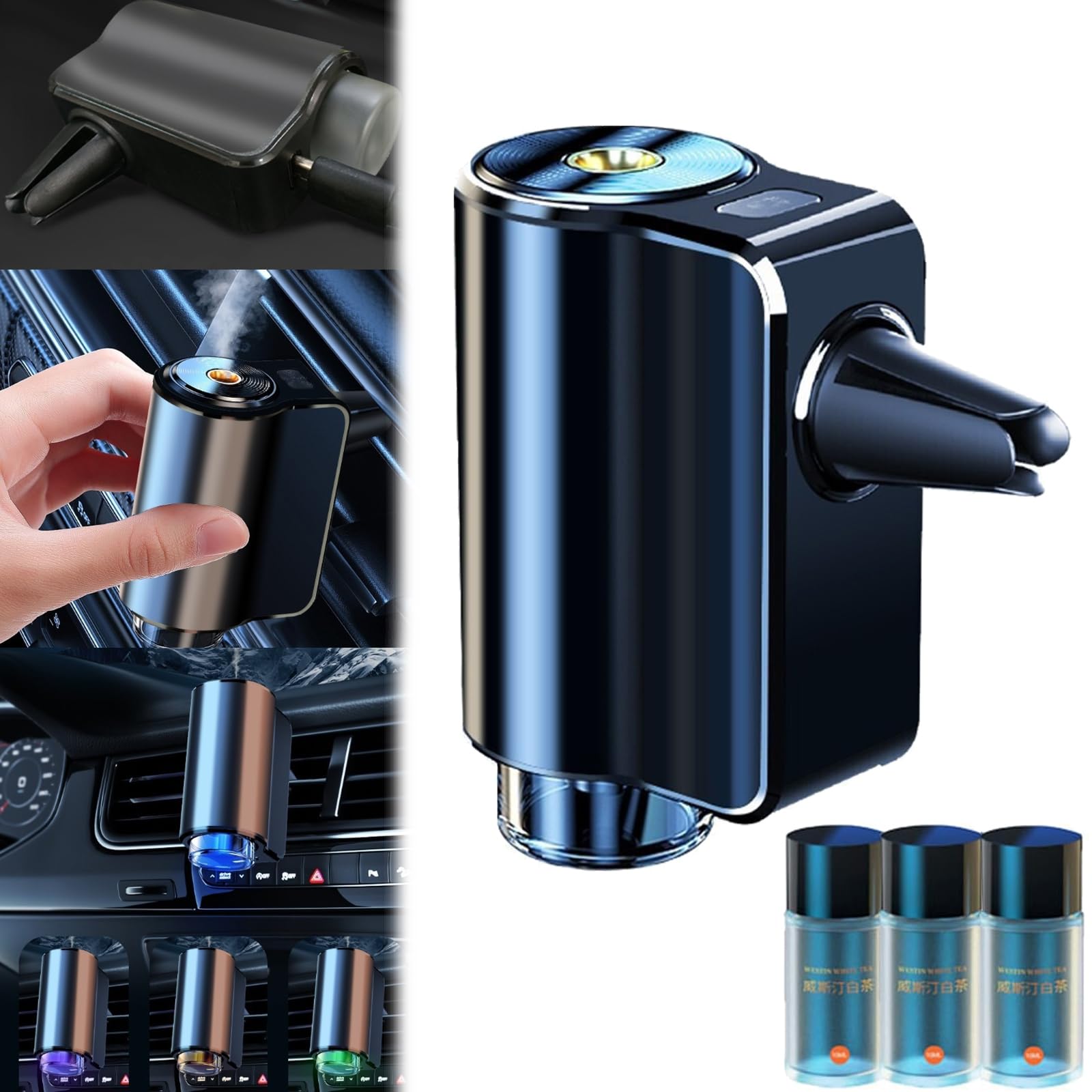 Smart Car Air Freshener Diffuser - Rechargeable & Adjustable Aroma Diffuser with 3 Essential Oils for Car, Home, Office | Perfect for Freshening Vehicles, Eliminating Odors & Creating Relaxing Atmosphere