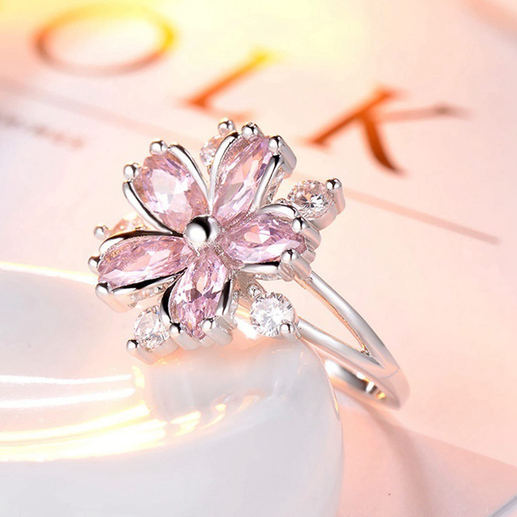 Guoshang Women's Pink Crystal Flower Ring - Silver CZ Floral Statement Ring with Large Sparkling Flower Design, Size 8 - Perfect for Weddings, Parties, and Everyday Elegant Fashion Accessories