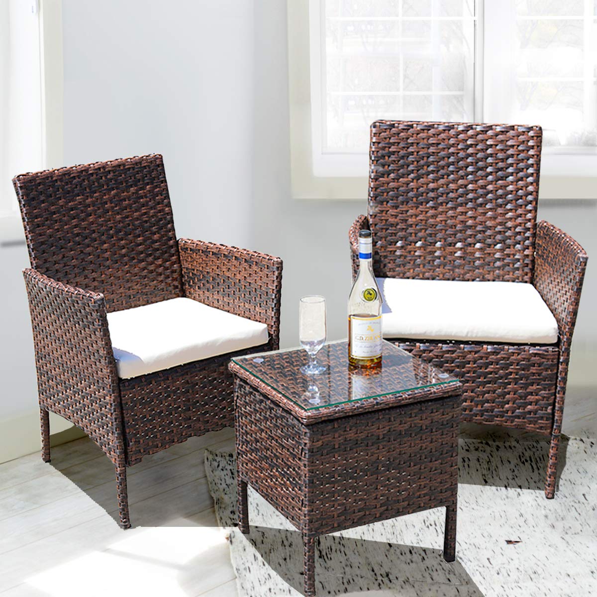 3-Piece Outdoor Rattan Patio Furniture Set - Wicker Chairs with Coffee Table - Brown Rattan Garden Set for Porch, Lawn, Poolside & Backyard Relaxation