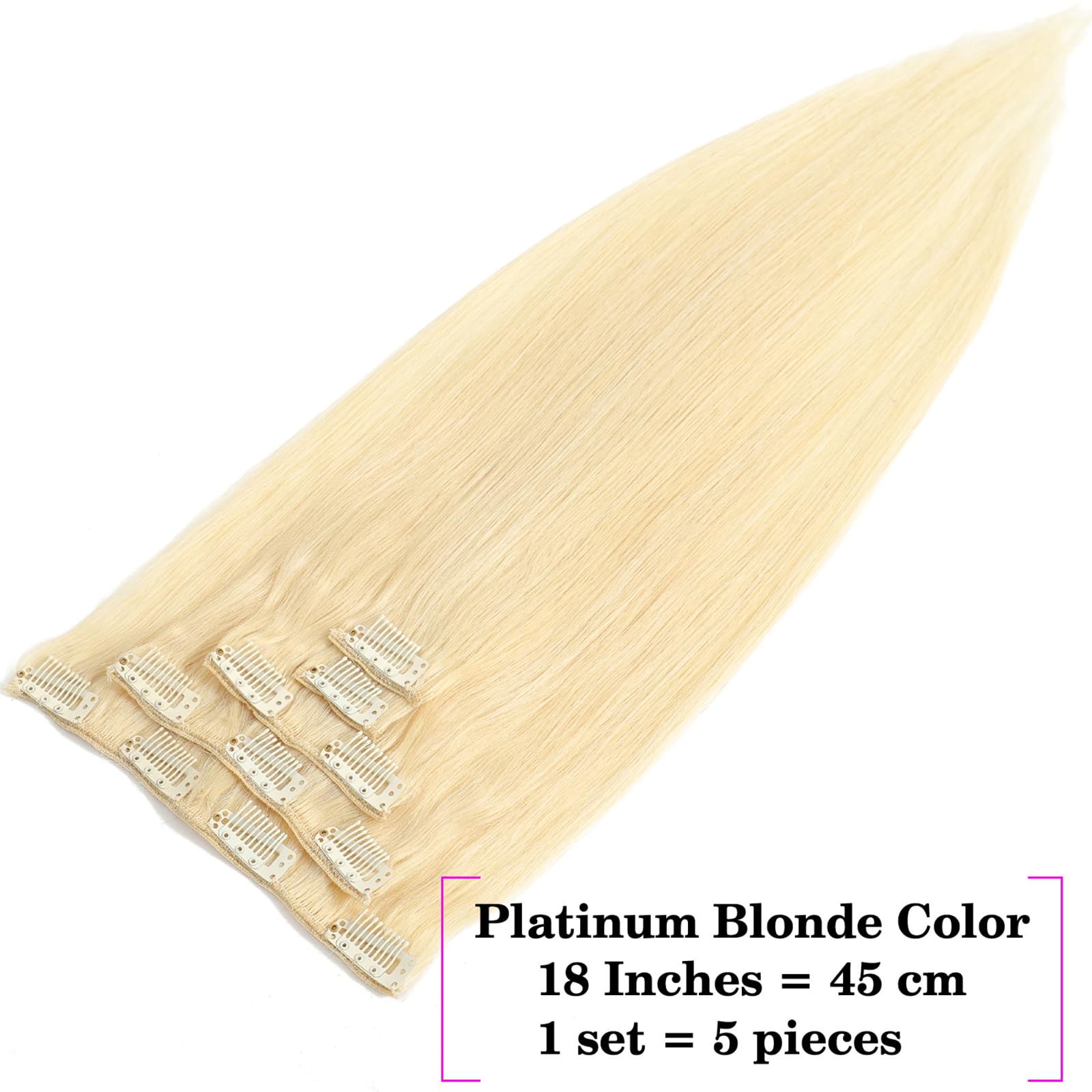 18-Inch Platinum Blonde Clip-In Human Hair Extensions #60 - 70g 5pcs Remy Straight Real Hair for Women - Thick Weft for Volume & Length - Perfect for Parties, Weddings & Daily Styling