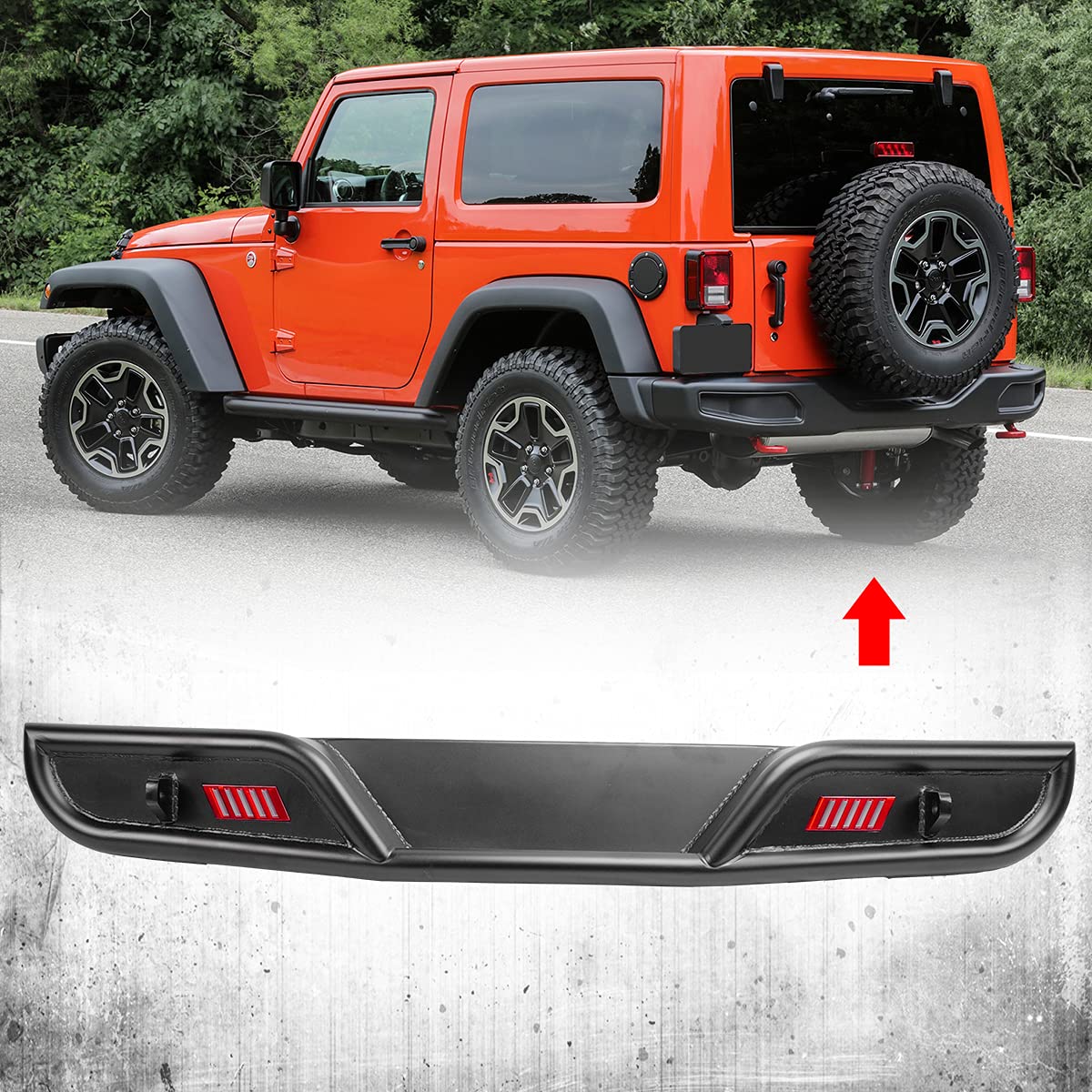 ROXX Full Width Rear Bumper for 2008-2017 Jeep Wrangler JK/JKU Unlimited - Heavy Duty Off-Road Bumper with 2 LED Position Lights & Hitch Receiver - Textured Black Rock Crawler Bumper - Perfect for Trail Riding, Overlanding & Off-Road Adventures