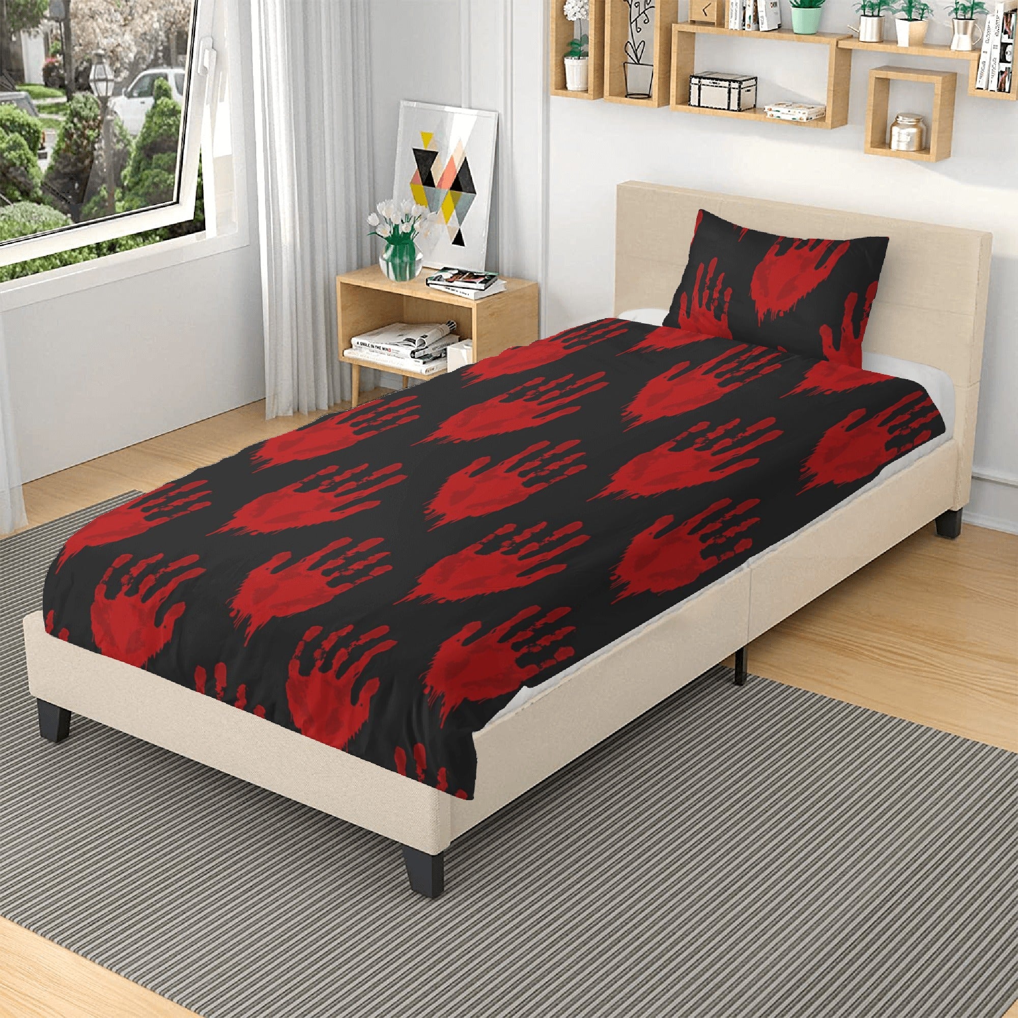 Scary Bloody Hand Print Bedding Set - 3 Piece Halloween Horror Decor for Bedroom, Haunted House, or Themed Party
