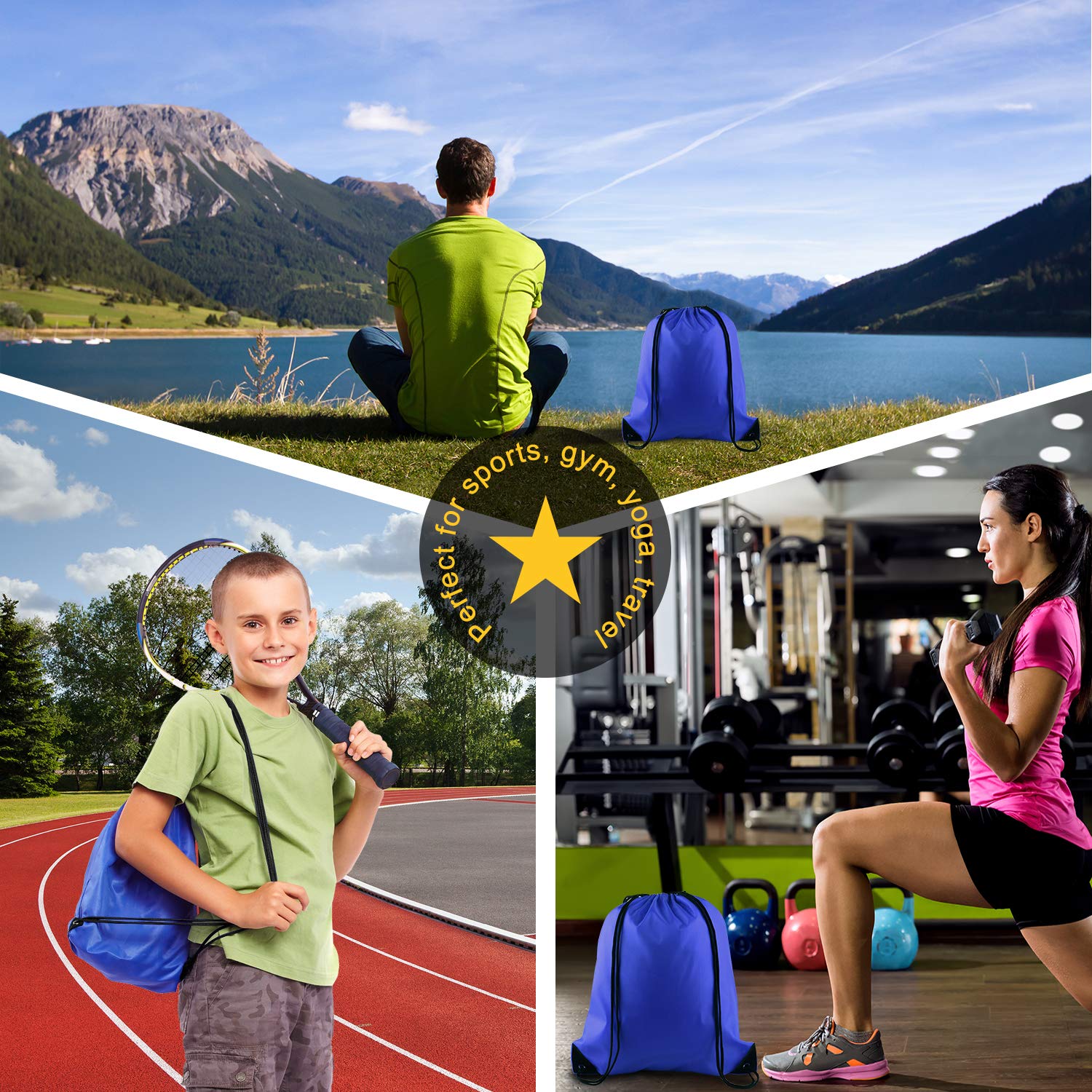 KUUQA 2 Pack Drawstring Backpacks - Lightweight Sports Cinch Sacks for Gym, Travel & Outdoor Activities - Durable Storage Bags (Black & Blue) - Perfect for Workouts, Beach Trips, School & Camping