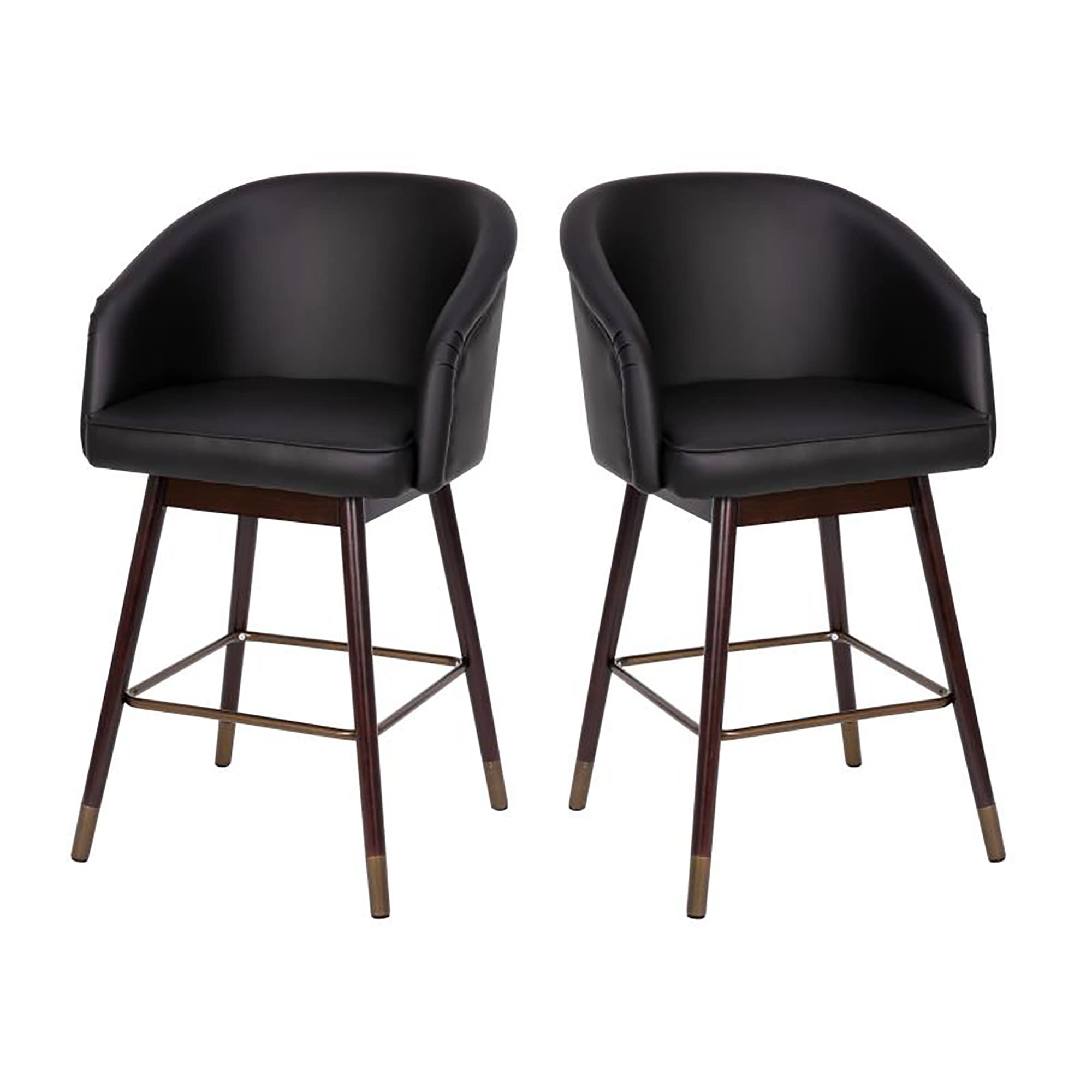 Flash Furniture Margo Commercial Grade Mid-Back Counter Stools - Set of 2 Black LeatherSoft Upholstered Bar Stools with Walnut Finish Beechwood Legs & Bronze Accents - 26