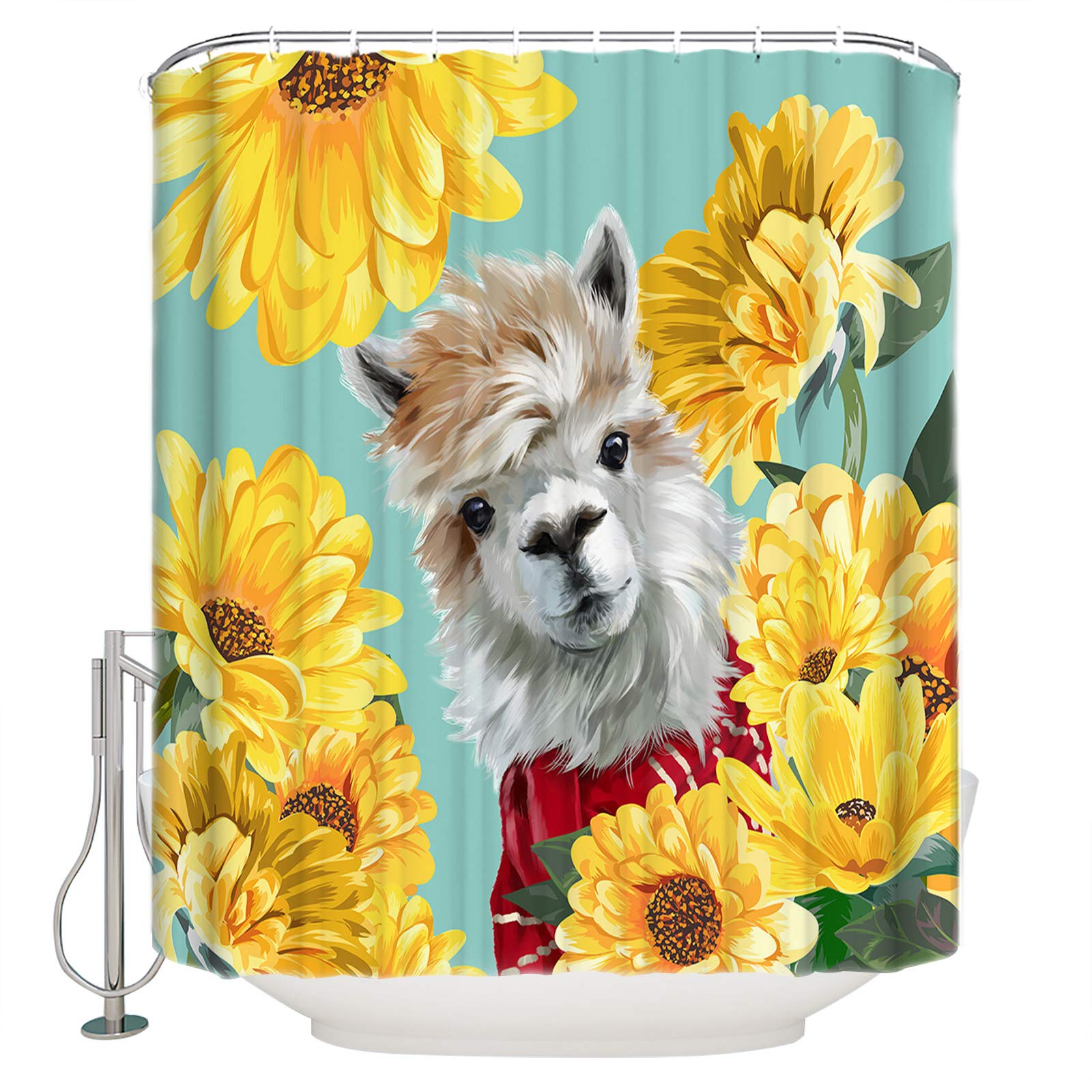 Farmhouse Alpaca Shower Curtain with Yellow Daisies - 36x78 Inch Waterproof Bathroom Decor, Includes Hooks - Funny & Washable Fabric for Tub or Stall Shower - Perfect for Cozy Farmhouse or Kids' Bathroom Decor