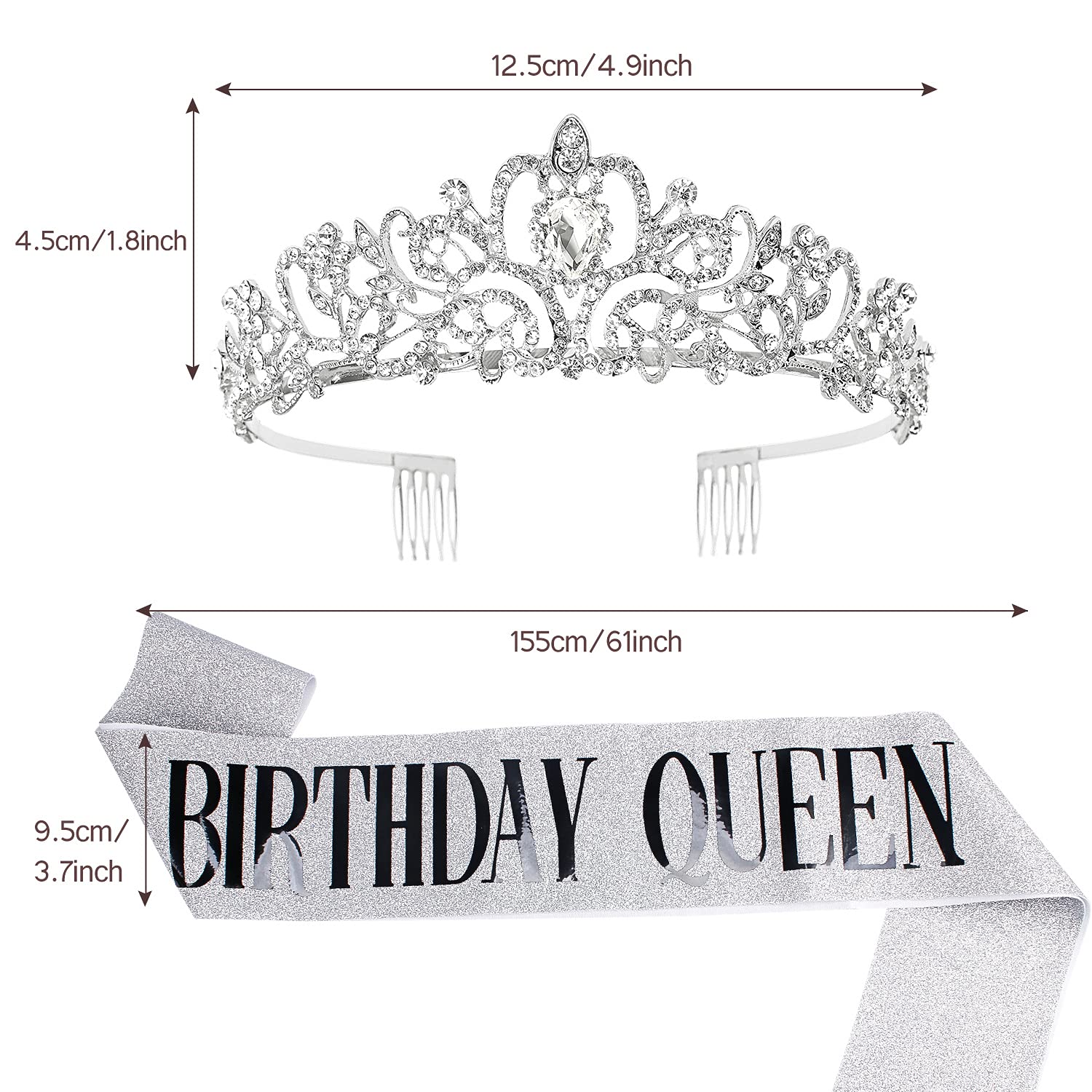 Elegant Silver Crystal Tiara & Birthday Queen Sash Set - Women's Birthday Crown & Party Decorations - Perfect for Women & Girls Birthday Parties, Bachelorette Celebrations & Special Occasions