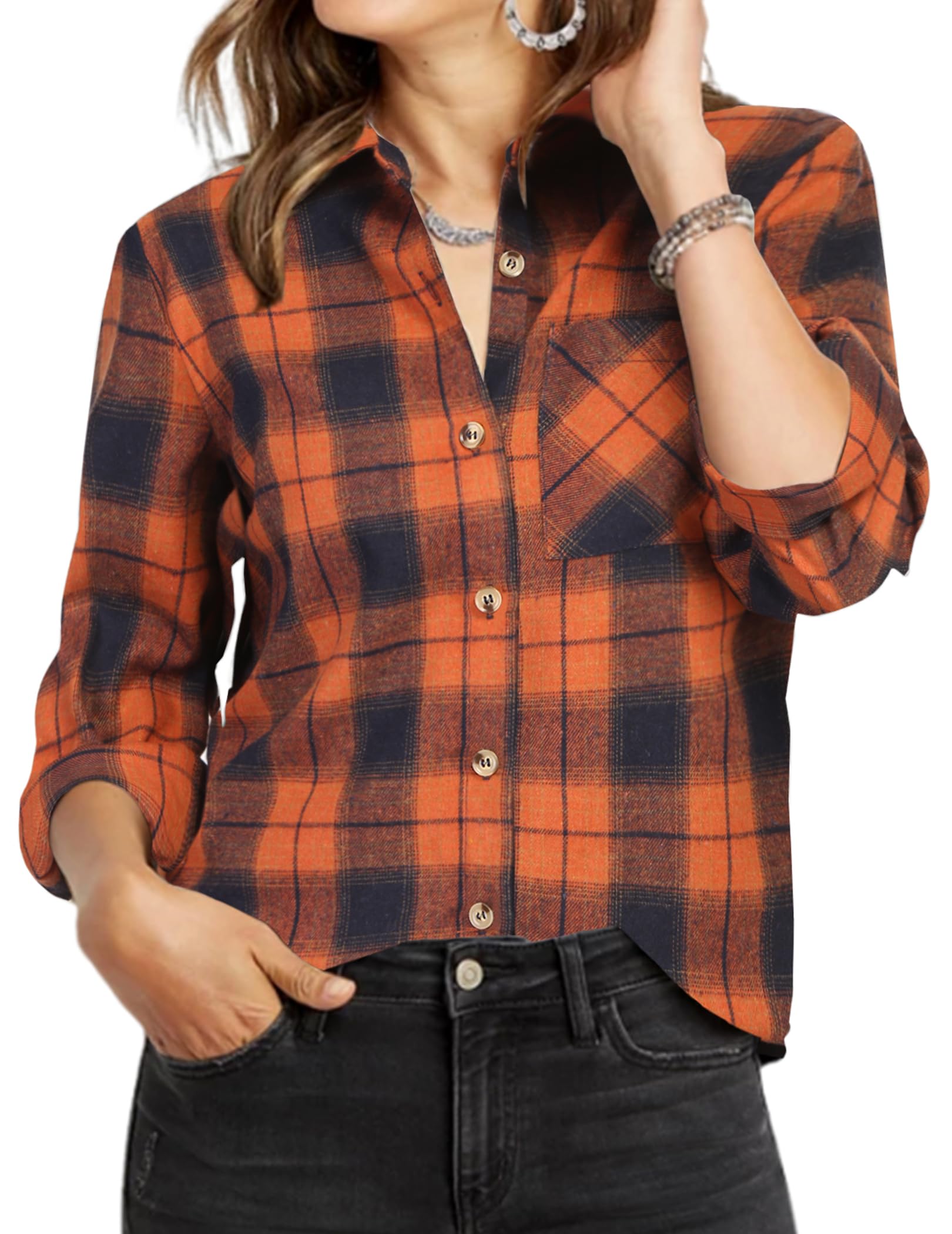 Zeagoo Women's Plaid Shirt - 100% Cotton Long Sleeve Button Down Blouse with Collar | Casual Lightweight Fall Tops for Work, Outdoor & Everyday Wear