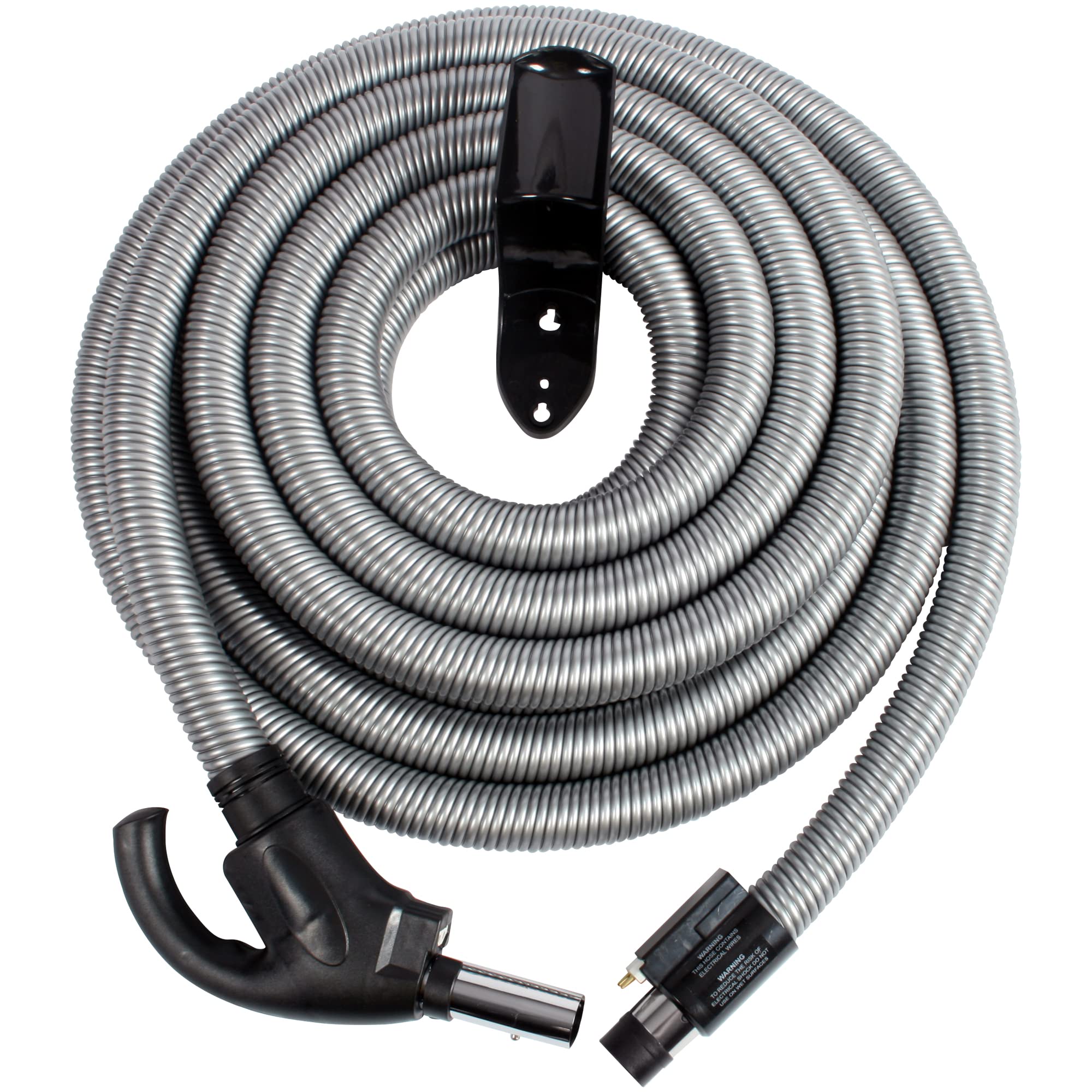 Cen-Tec 30Ft Silver Central Vacuum Hose with Flush Handle & DC End - Electric Direct Connect System with Hose Hanger (Model 97195) - Perfect for Home Cleaning, Garage Workshop & RV Vacuum Systems